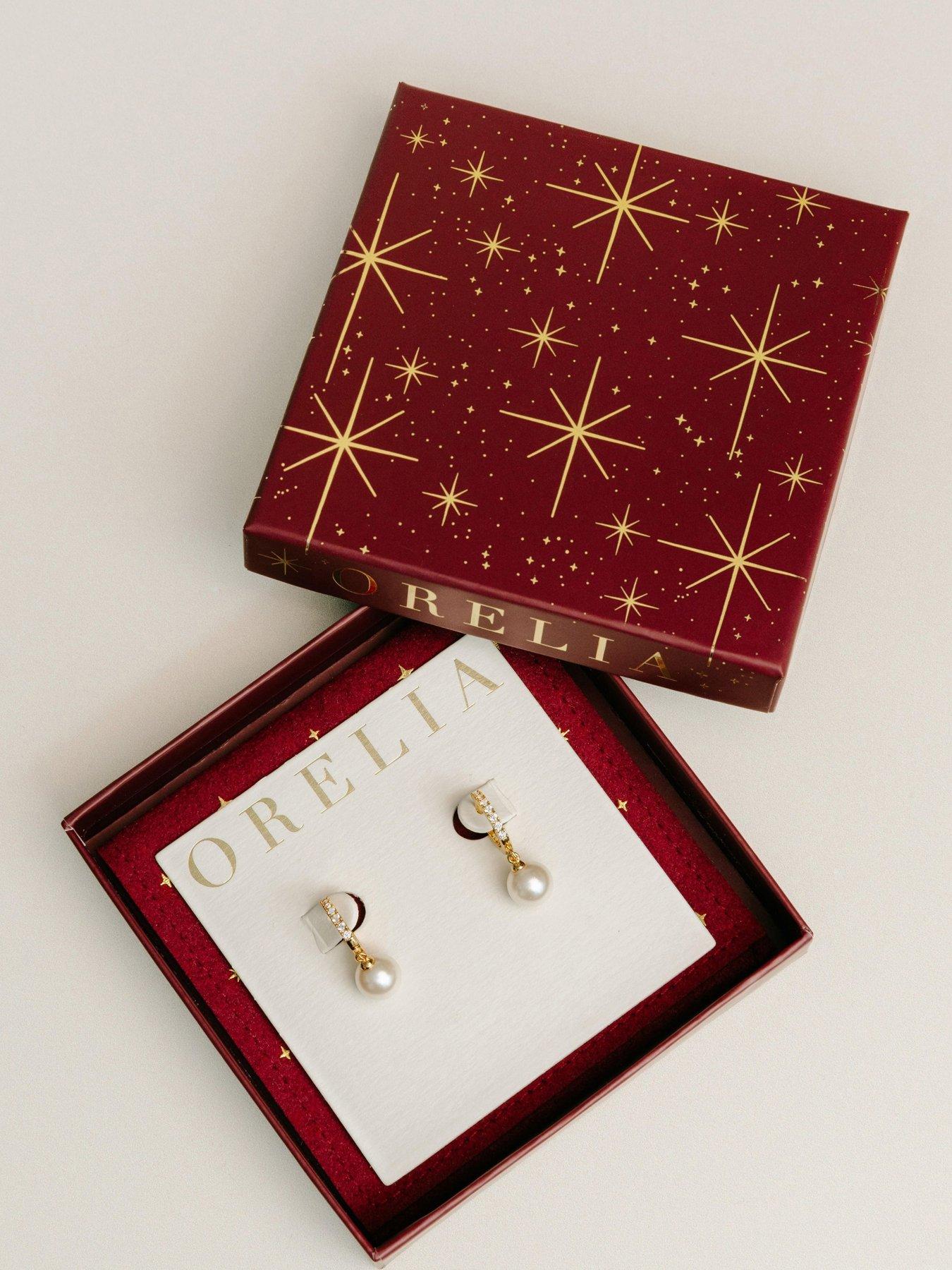 Image 2 of 3 of Orelia Pearl Drop Pave Hoop Earrings - Burgundy Giftbox