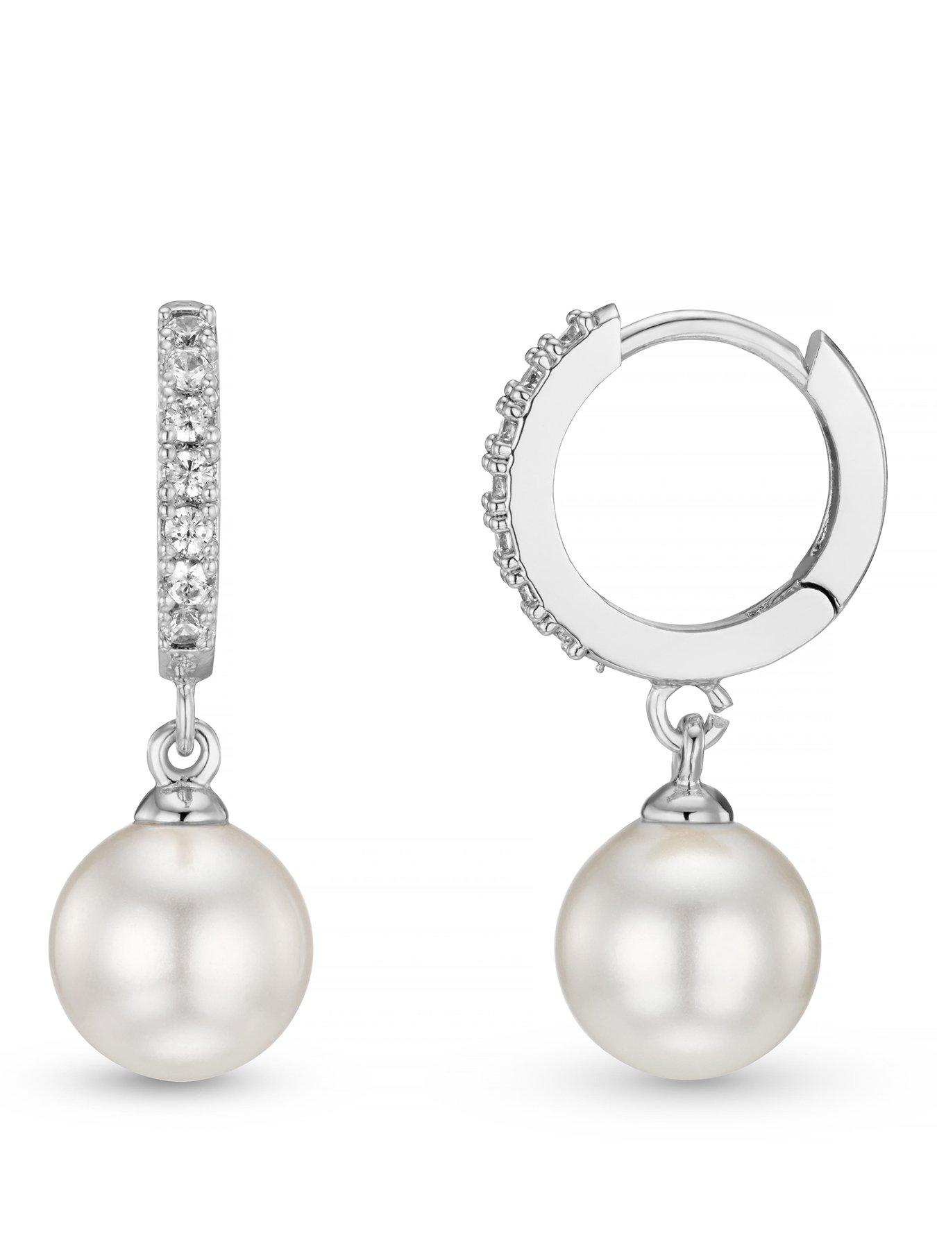 Image 1 of 3 of Orelia Pearl Drop Pave Hoop Earrings Silver - Burgundy Giftbox