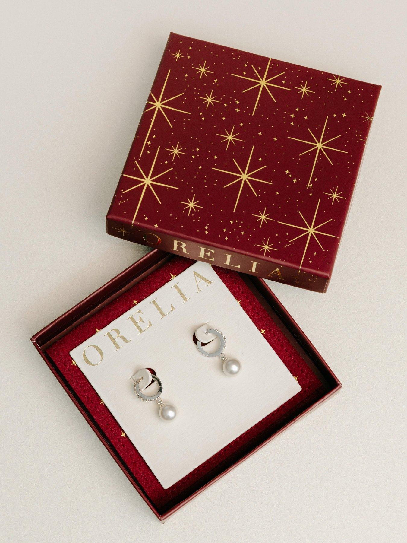 Image 2 of 3 of Orelia Pearl Drop Pave Hoop Earrings Silver - Burgundy Giftbox