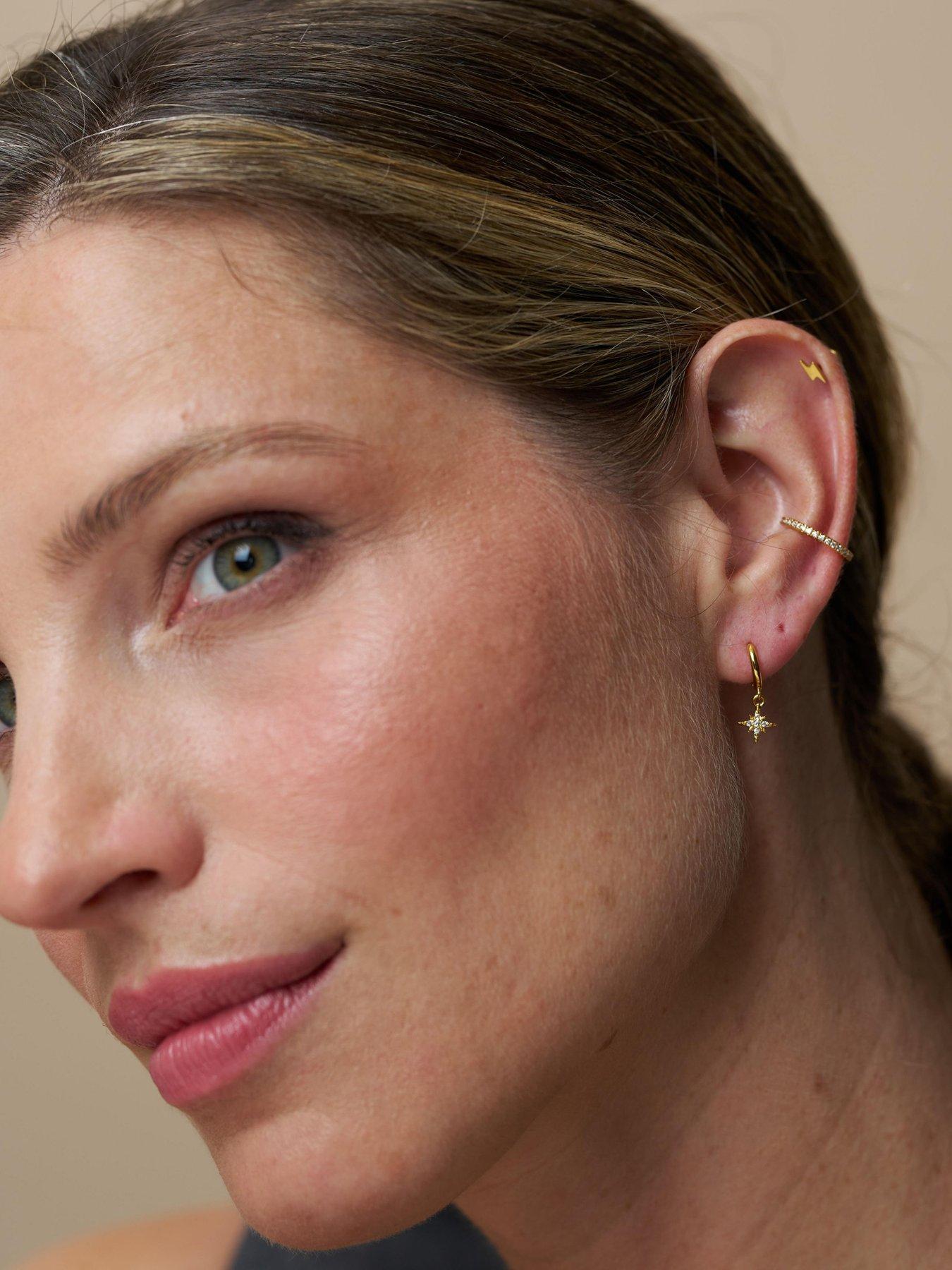 Image 3 of 3 of Orelia Womens Starburst Pave Micro Hoop Earrings - Gold