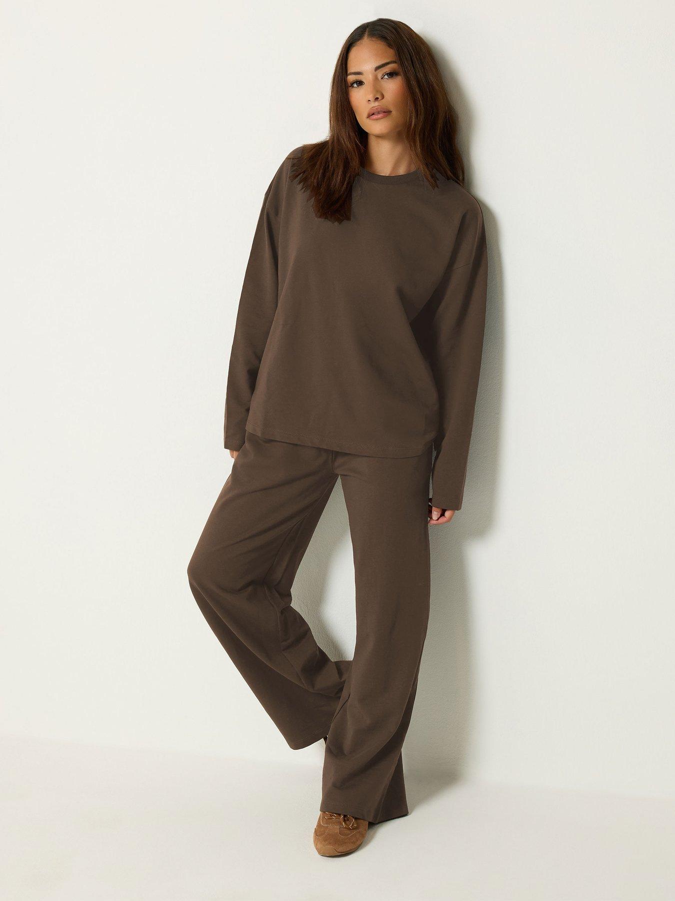 Image 1 of 4 of PixieGirl Womens Petite Loop Back Sweatshirt &amp; Trousers Set - Brown