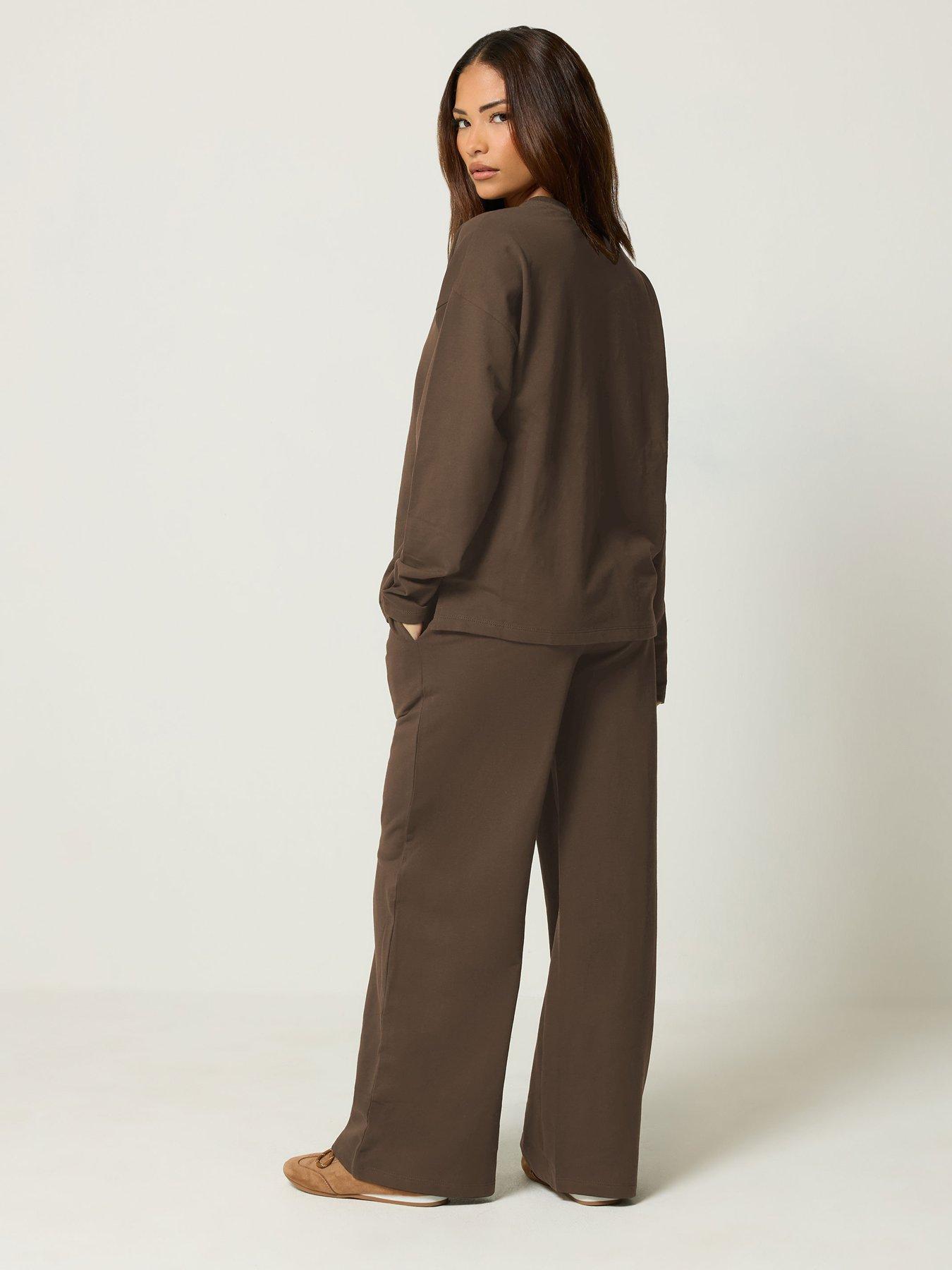 Image 2 of 4 of PixieGirl Womens Petite Loop Back Sweatshirt &amp; Trousers Set - Brown