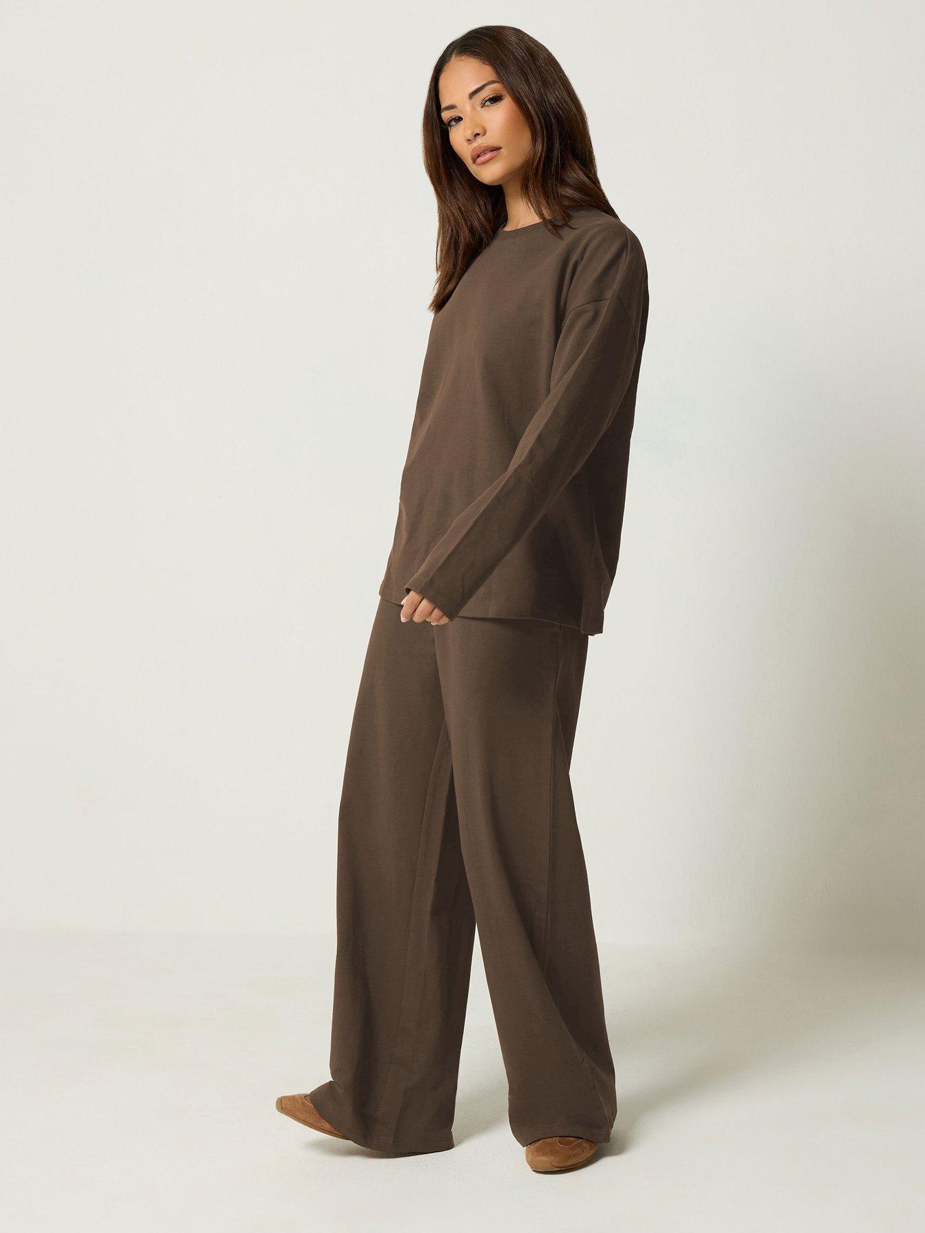 Image 3 of 4 of PixieGirl Womens Petite Loop Back Sweatshirt &amp; Trousers Set - Brown