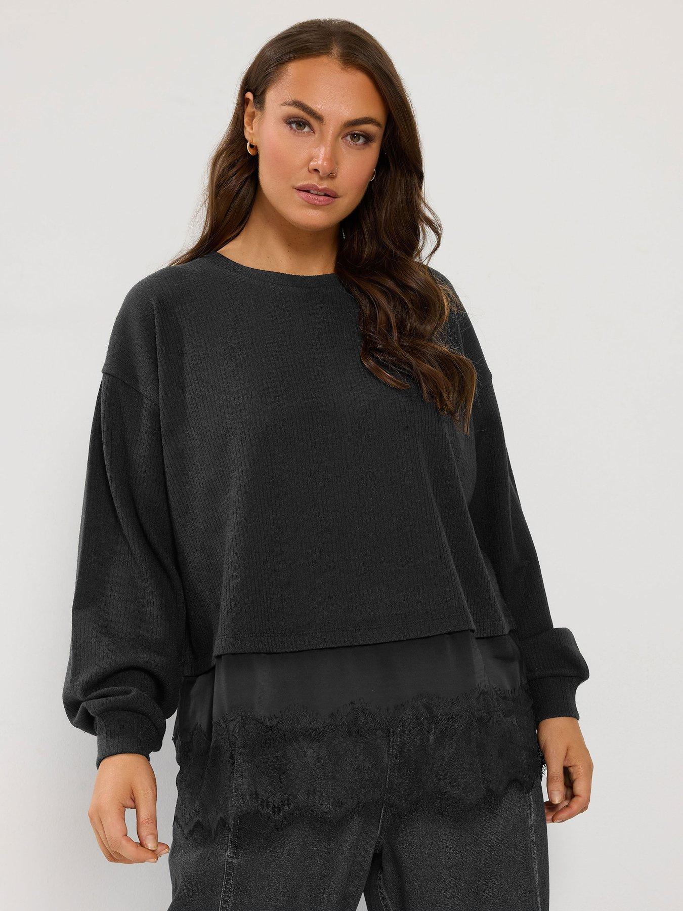 Image 1 of 4 of Yours Womens Curve Satin Lace Hem Top - Black
