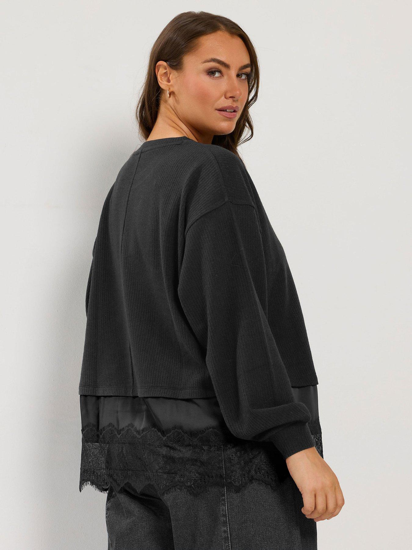 Image 2 of 4 of Yours Womens Curve Satin Lace Hem Top - Black