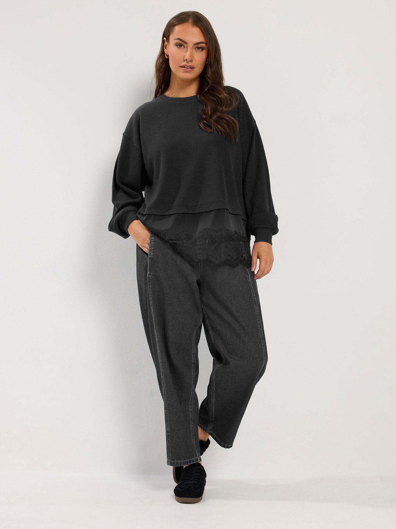 Image 3 of 4 of Yours Womens Curve Satin Lace Hem Top - Black