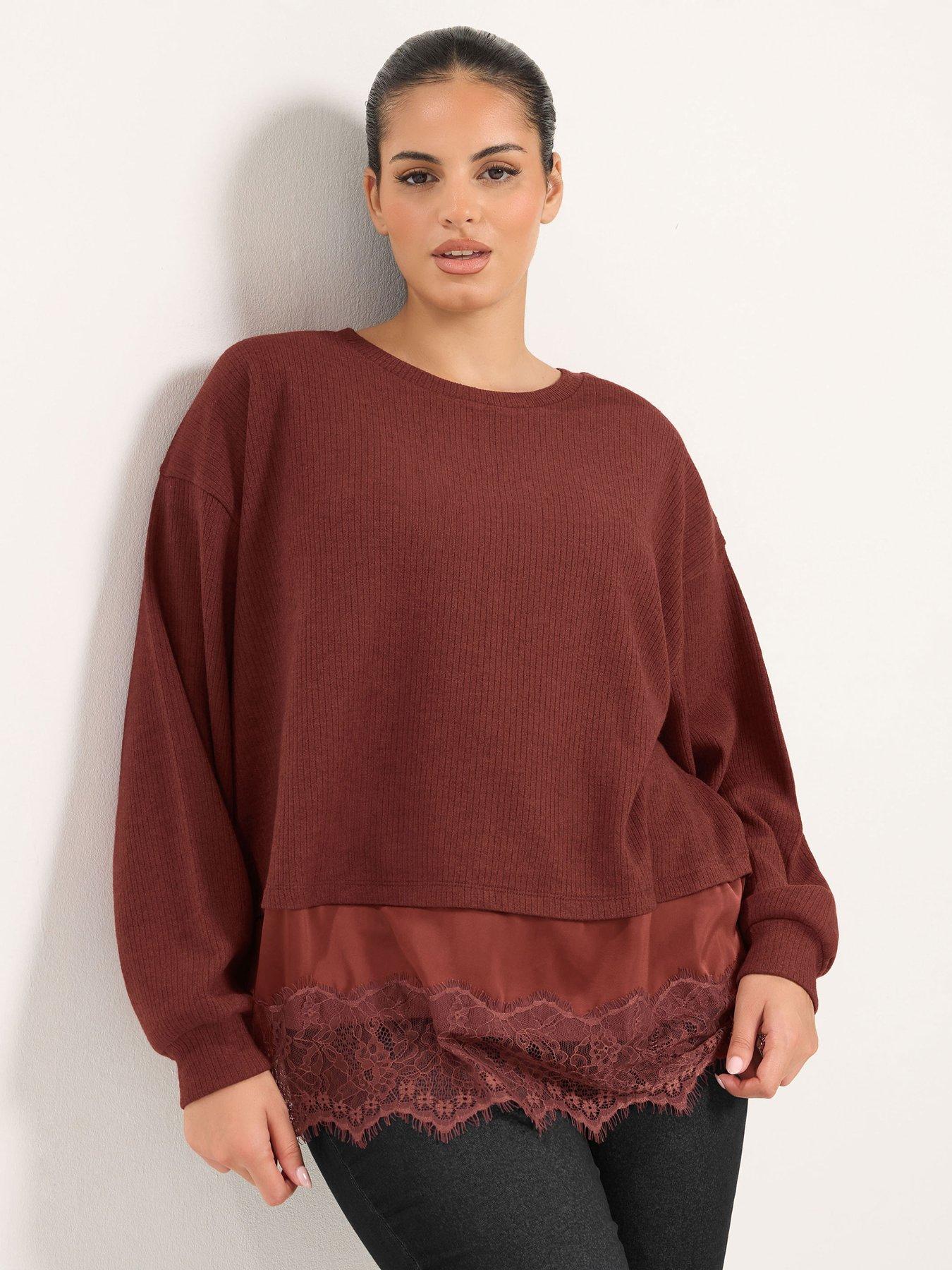 Image 1 of 4 of Yours Curve Satin Lace Hem Top