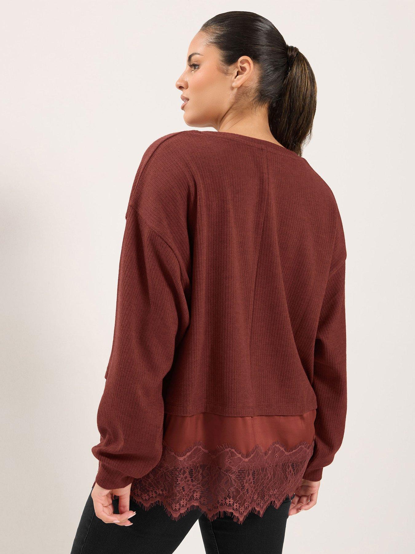 Image 2 of 4 of Yours Curve Satin Lace Hem Top