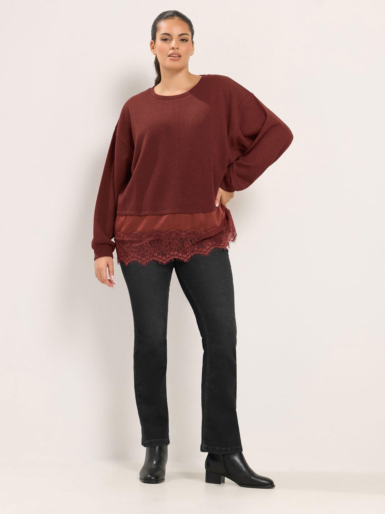 Image 3 of 4 of Yours Curve Satin Lace Hem Top