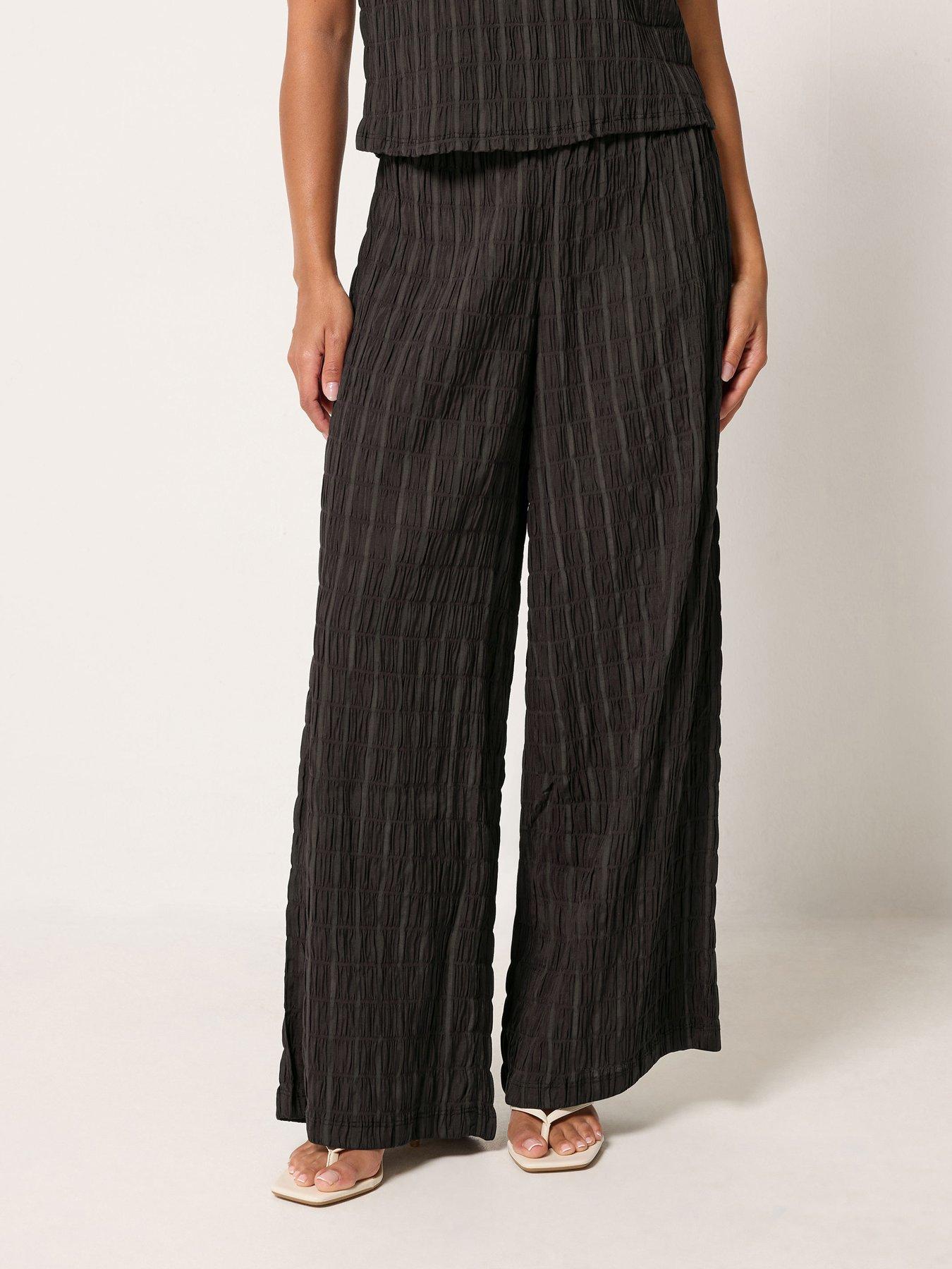 Yours Womens Petite Textured Stretch Wide Leg Trousers - Black