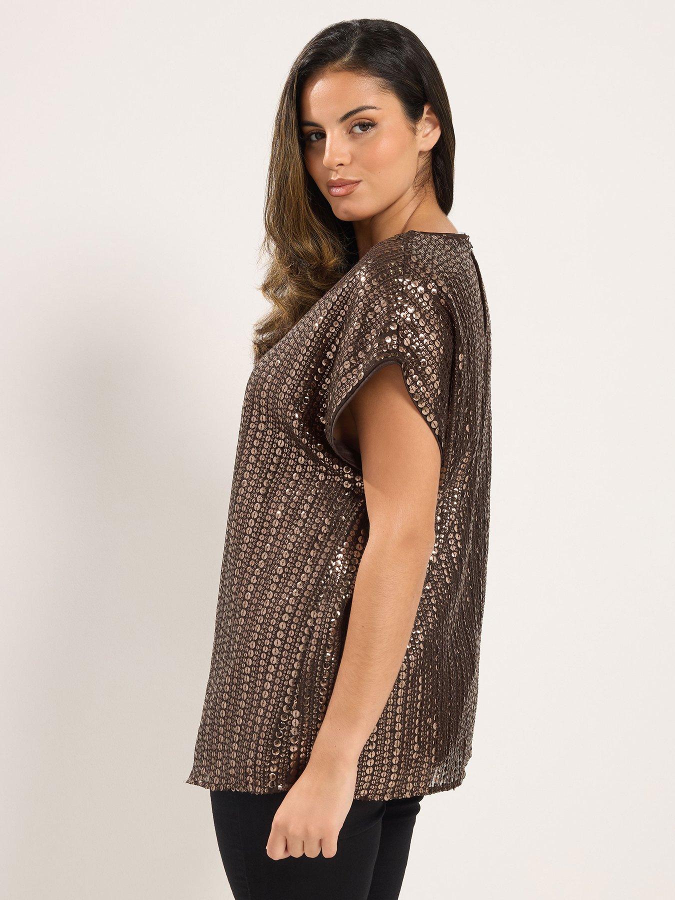 Image 2 of 4 of Yours Womens Curve Sequin Chiffon V-Neck Top - Brown