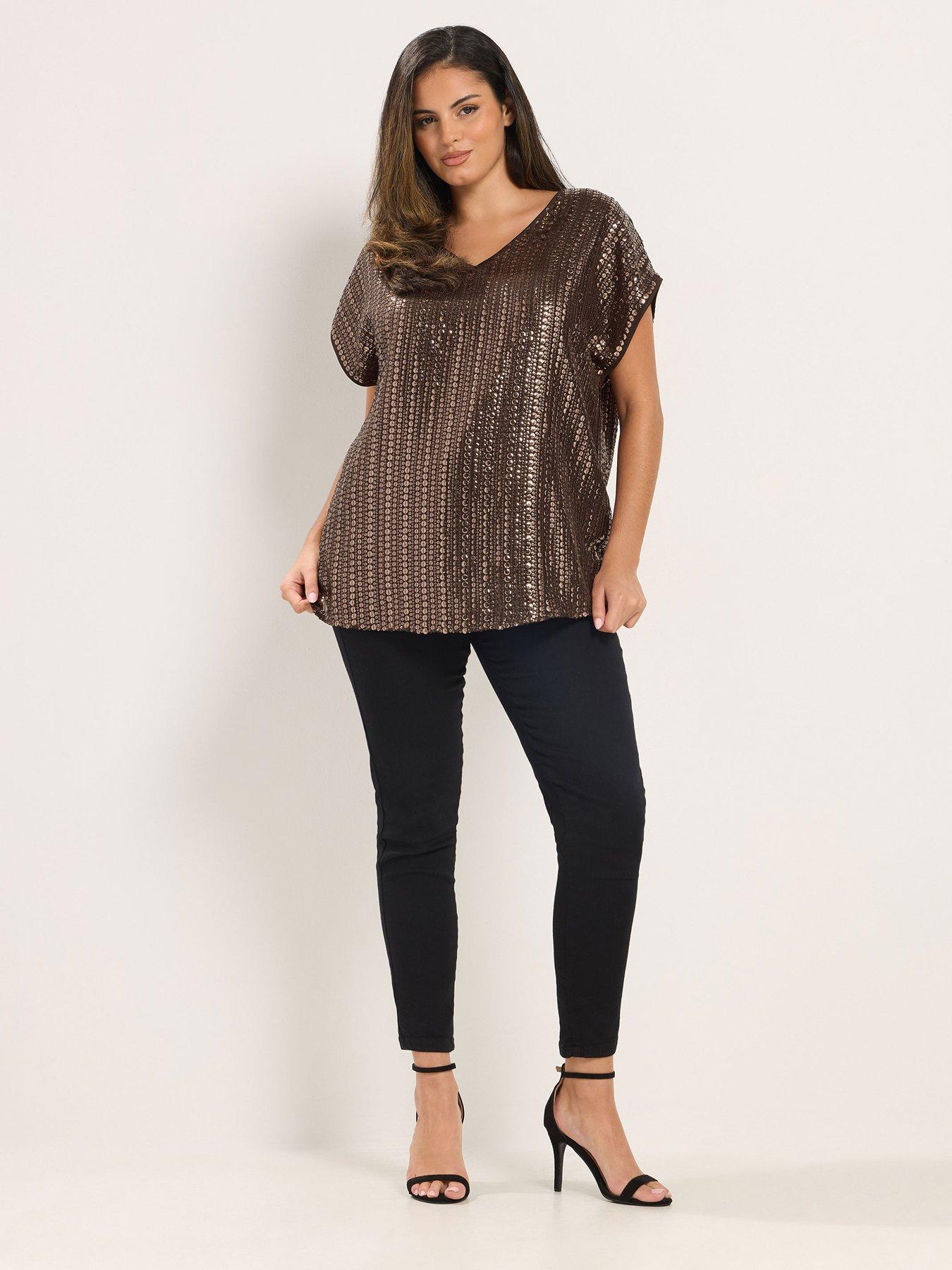 Image 3 of 4 of Yours Womens Curve Sequin Chiffon V-Neck Top - Brown