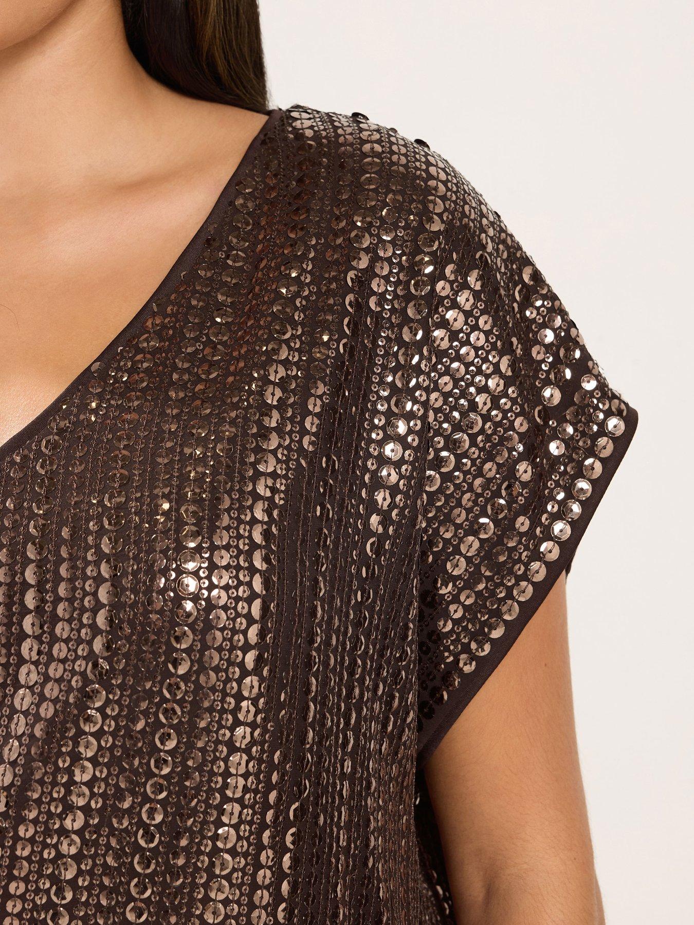Image 4 of 4 of Yours Womens Curve Sequin Chiffon V-Neck Top - Brown