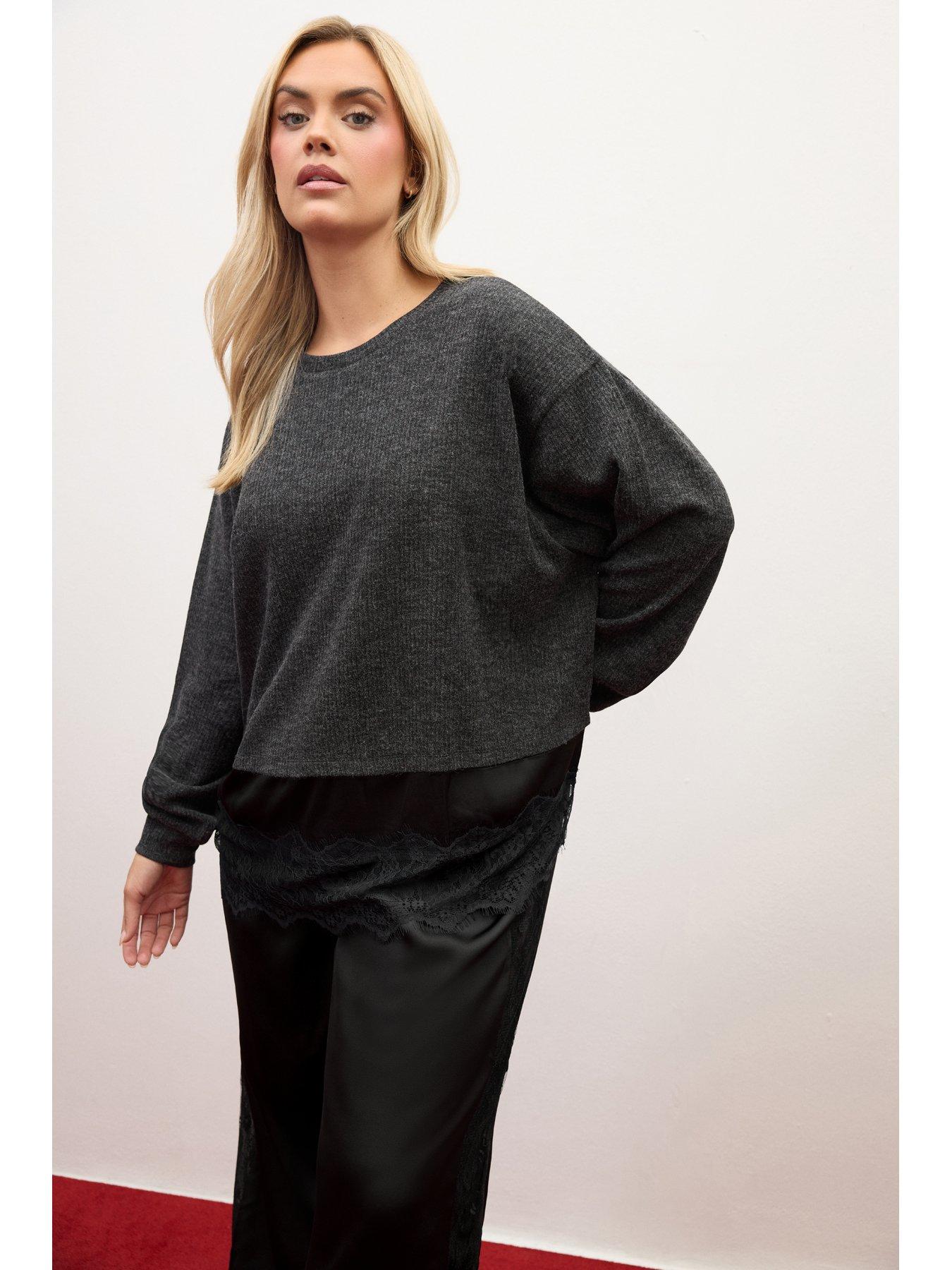 Image 1 of 4 of Yours Curve Satin Lace Hem Top