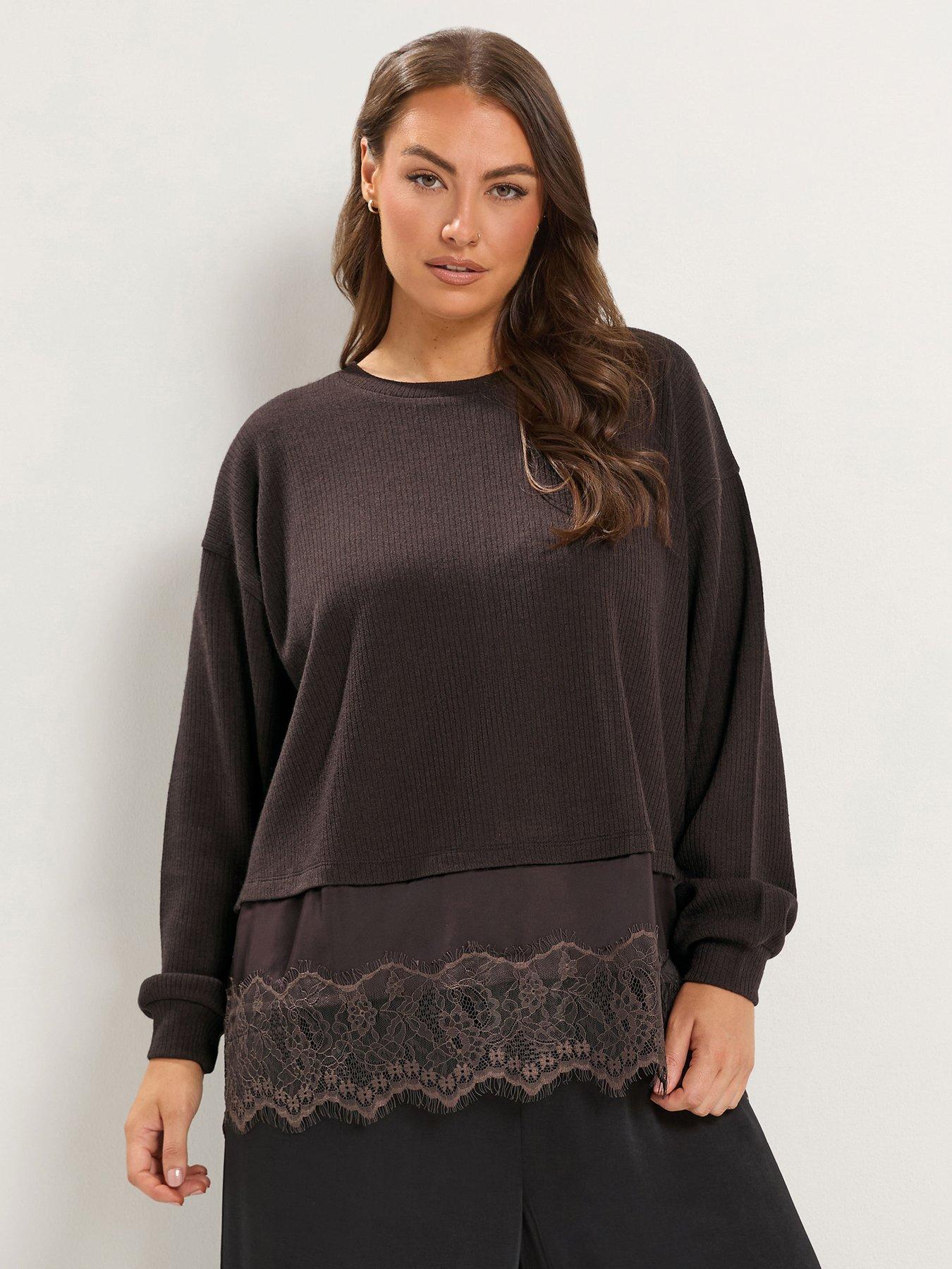 Image 1 of 4 of Yours Curve Satin Lace Hem Top