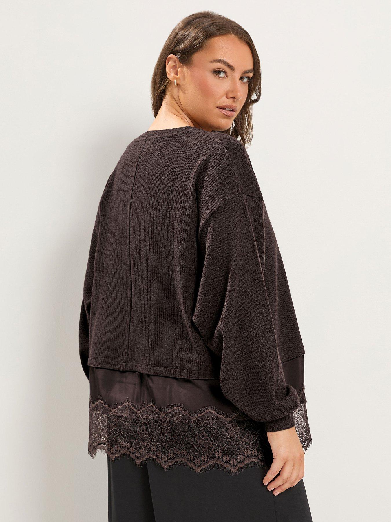 Image 2 of 4 of Yours Curve Satin Lace Hem Top