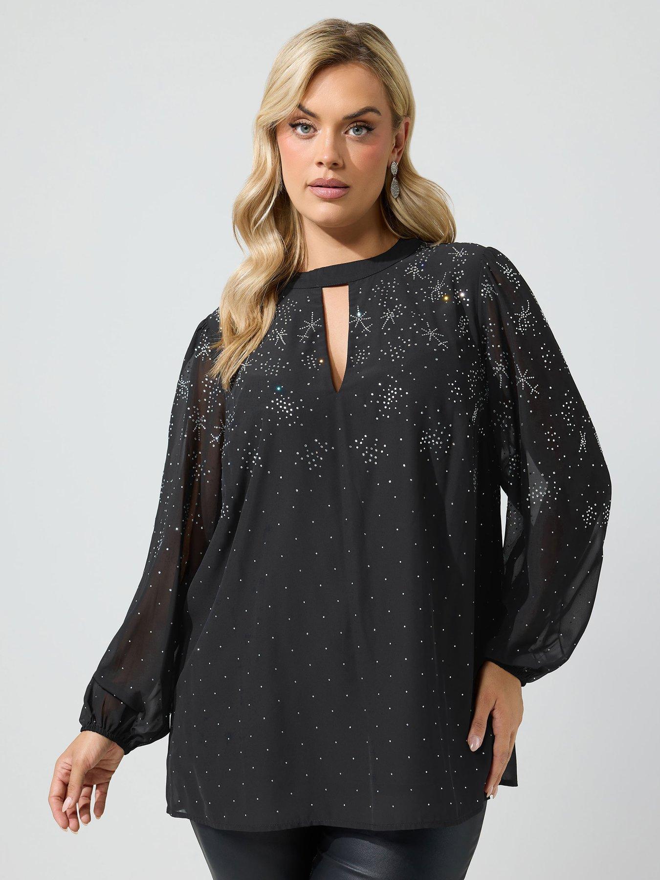 Image 1 of 4 of Yours Womens Curve Star Diamante Keyhole Top - Black