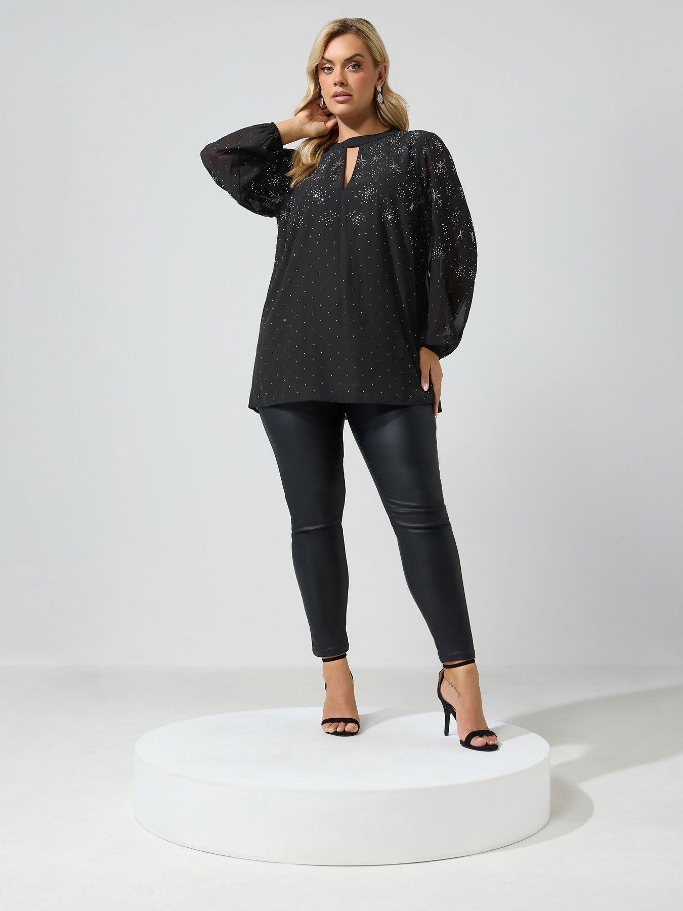 Image 3 of 4 of Yours Womens Curve Star Diamante Keyhole Top - Black