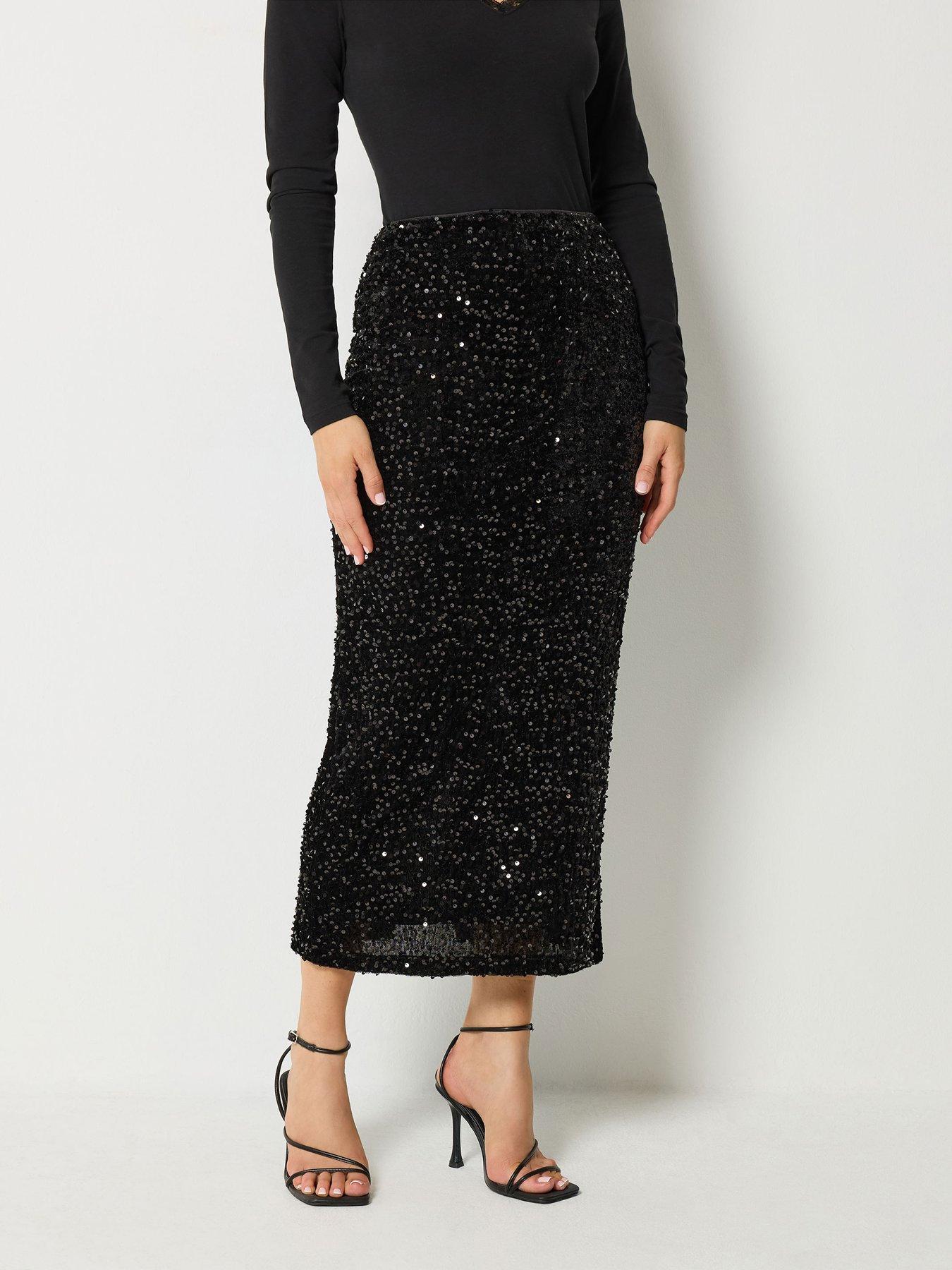 Image 1 of 4 of Long Tall Sally Womens Tall Sequin Velvet Maxi Skirt - Black
