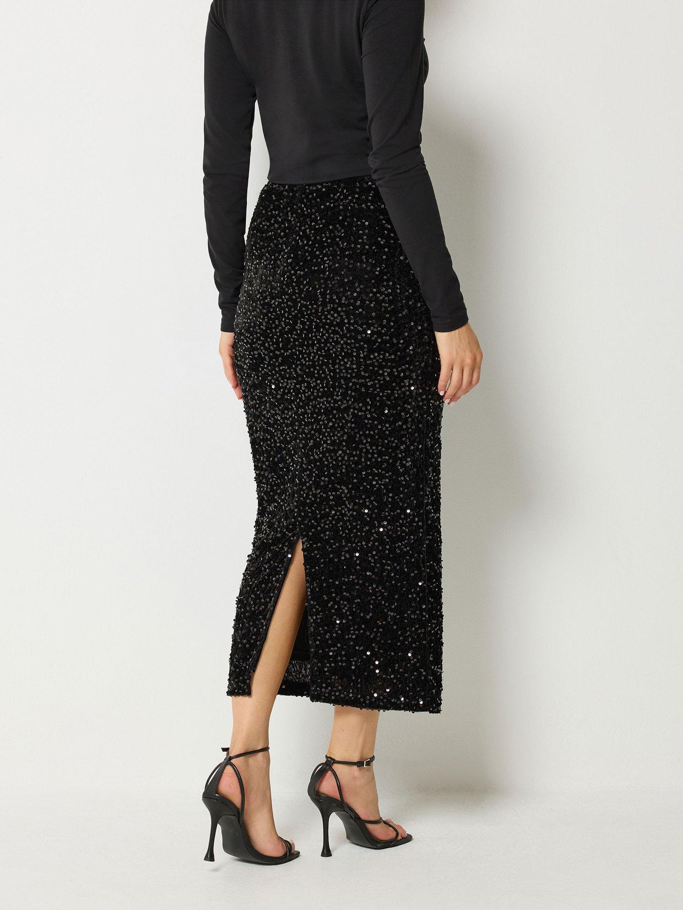 Image 2 of 4 of Long Tall Sally Womens Tall Sequin Velvet Maxi Skirt - Black