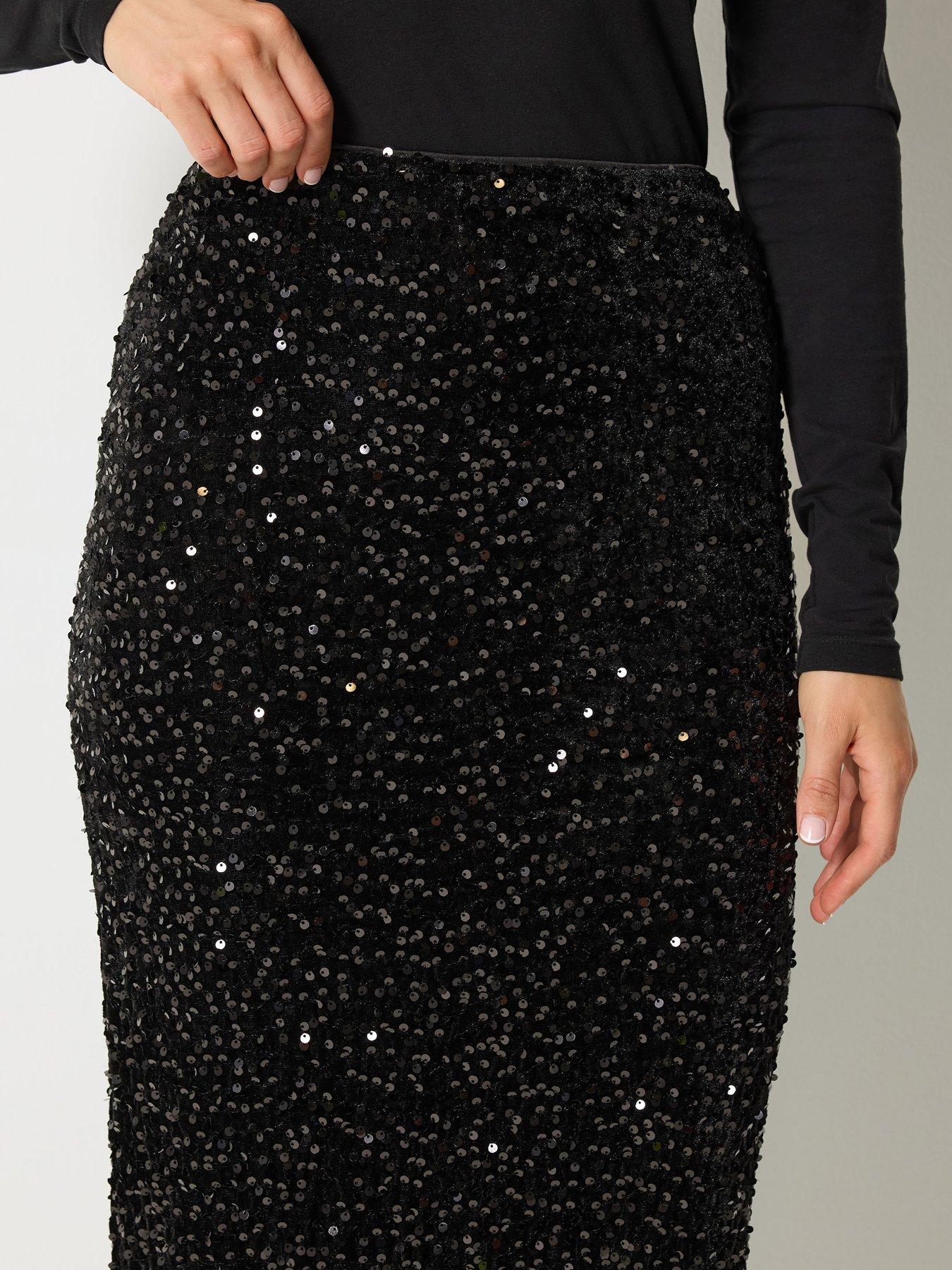 Image 4 of 4 of Long Tall Sally Womens Tall Sequin Velvet Maxi Skirt - Black