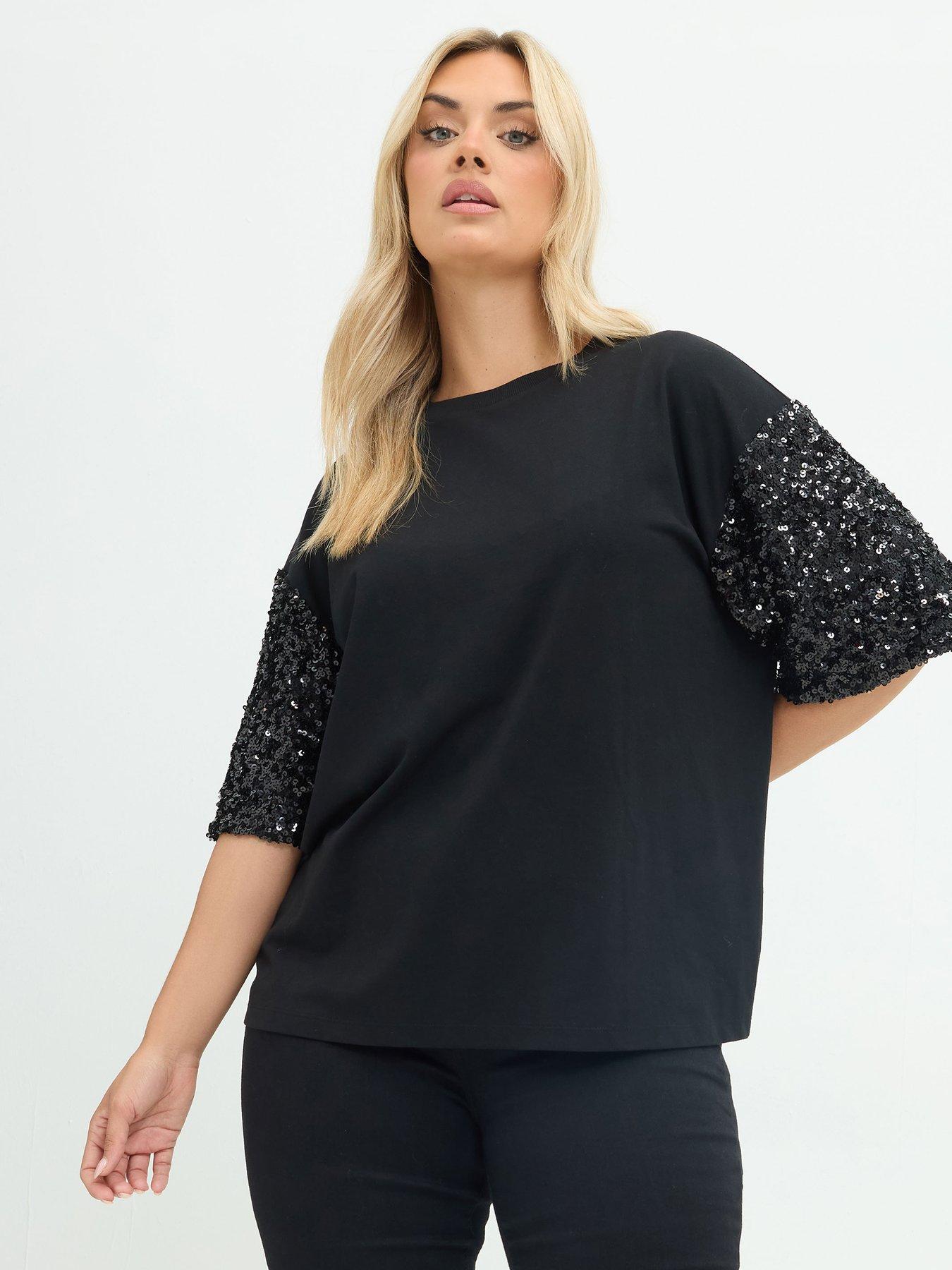 Image 1 of 4 of Yours Curve Sequin Sleeve T-shirt