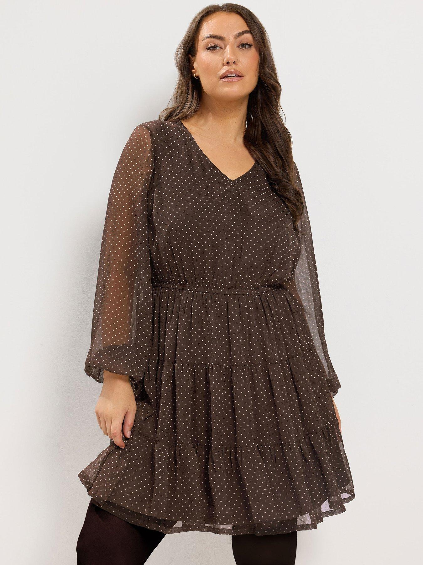Image 1 of 4 of Yours Womens Curve Polka Dot Tiered V-Neck Dress - Brown