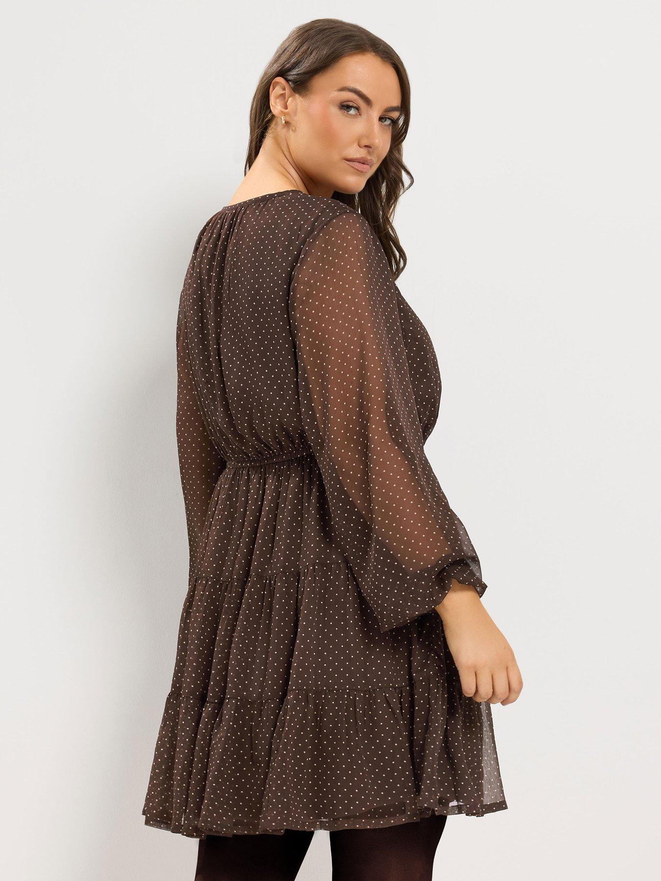 Image 2 of 4 of Yours Womens Curve Polka Dot Tiered V-Neck Dress - Brown