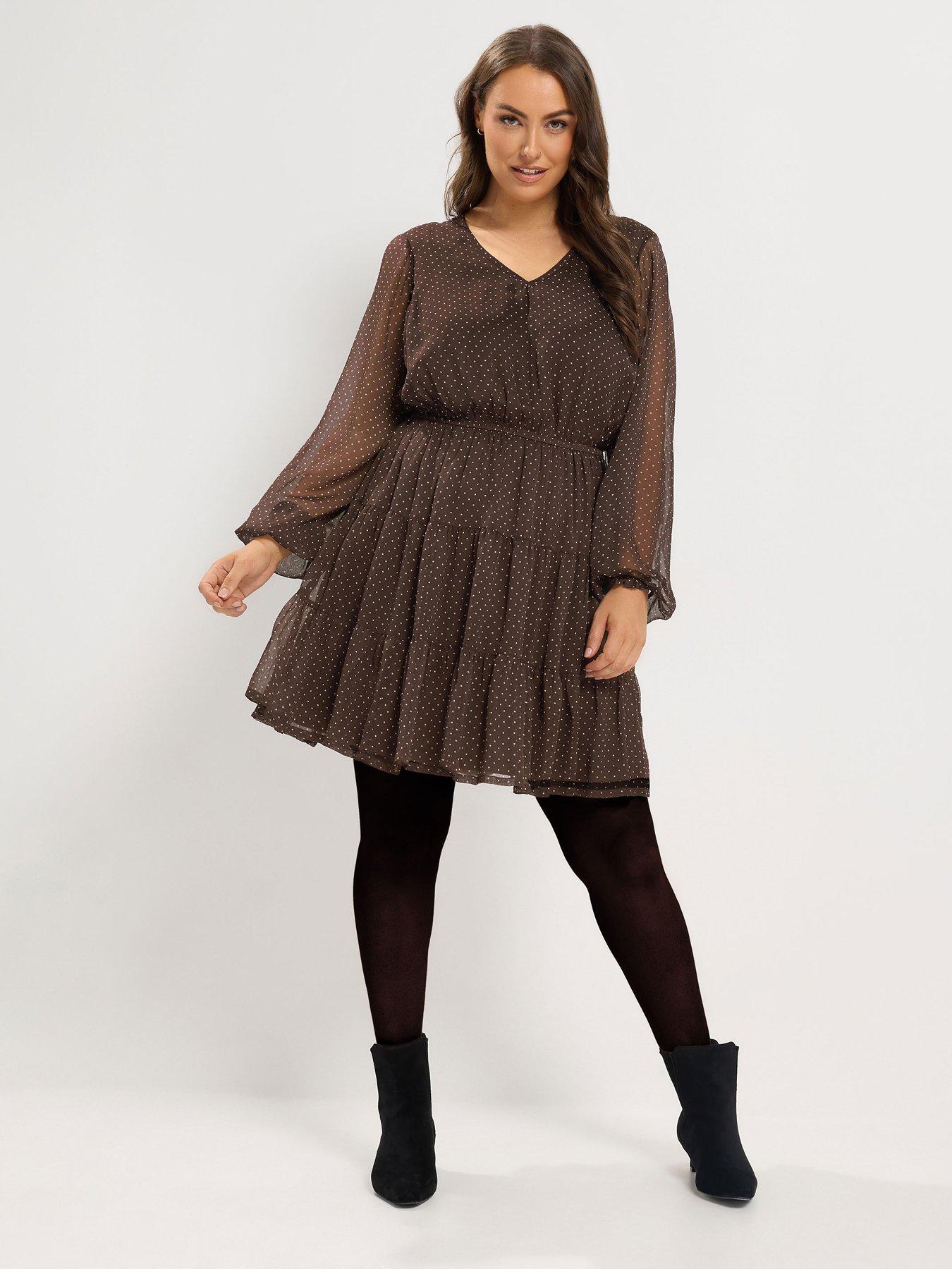 Image 3 of 4 of Yours Womens Curve Polka Dot Tiered V-Neck Dress - Brown