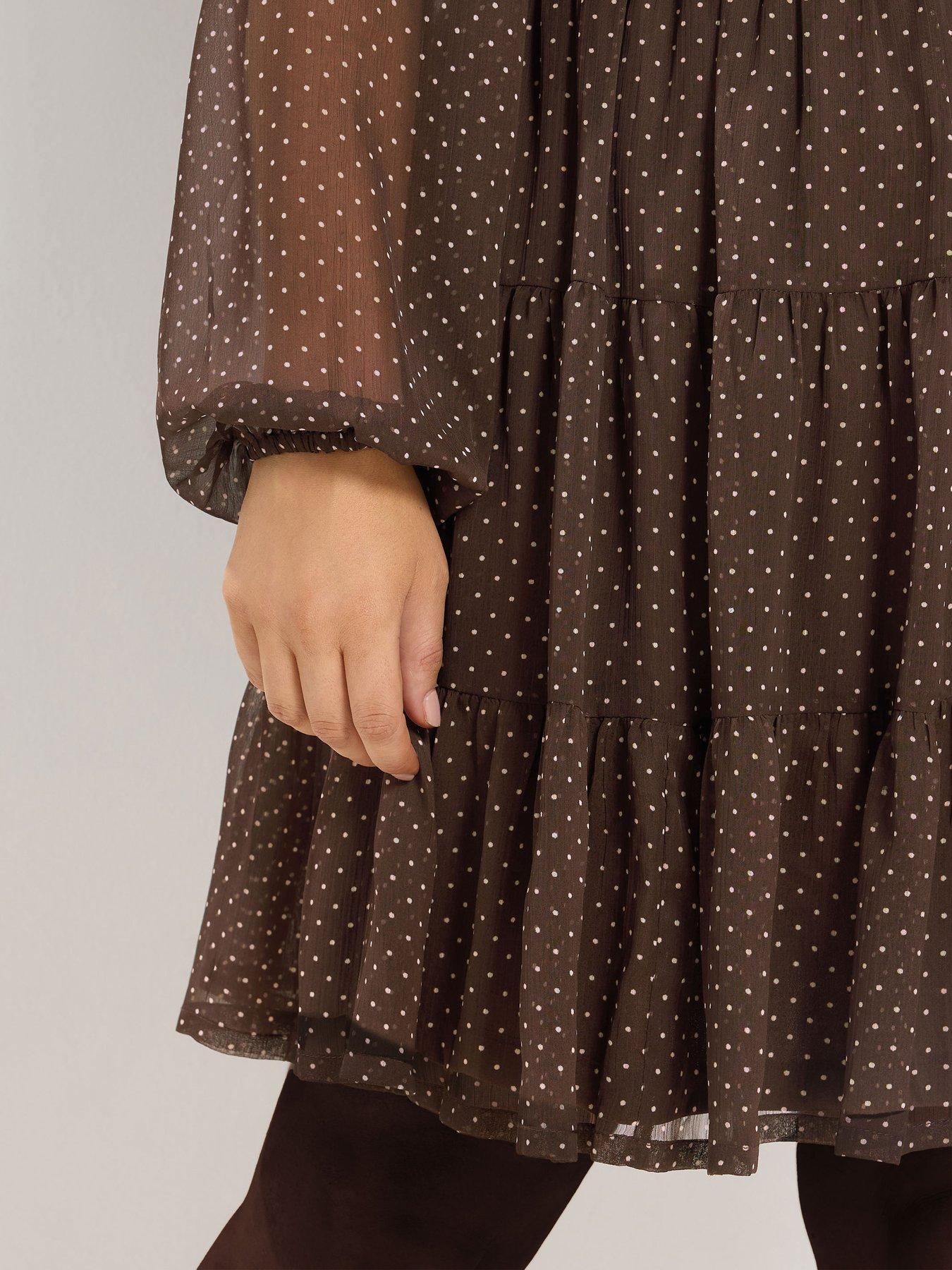 Image 4 of 4 of Yours Womens Curve Polka Dot Tiered V-Neck Dress - Brown