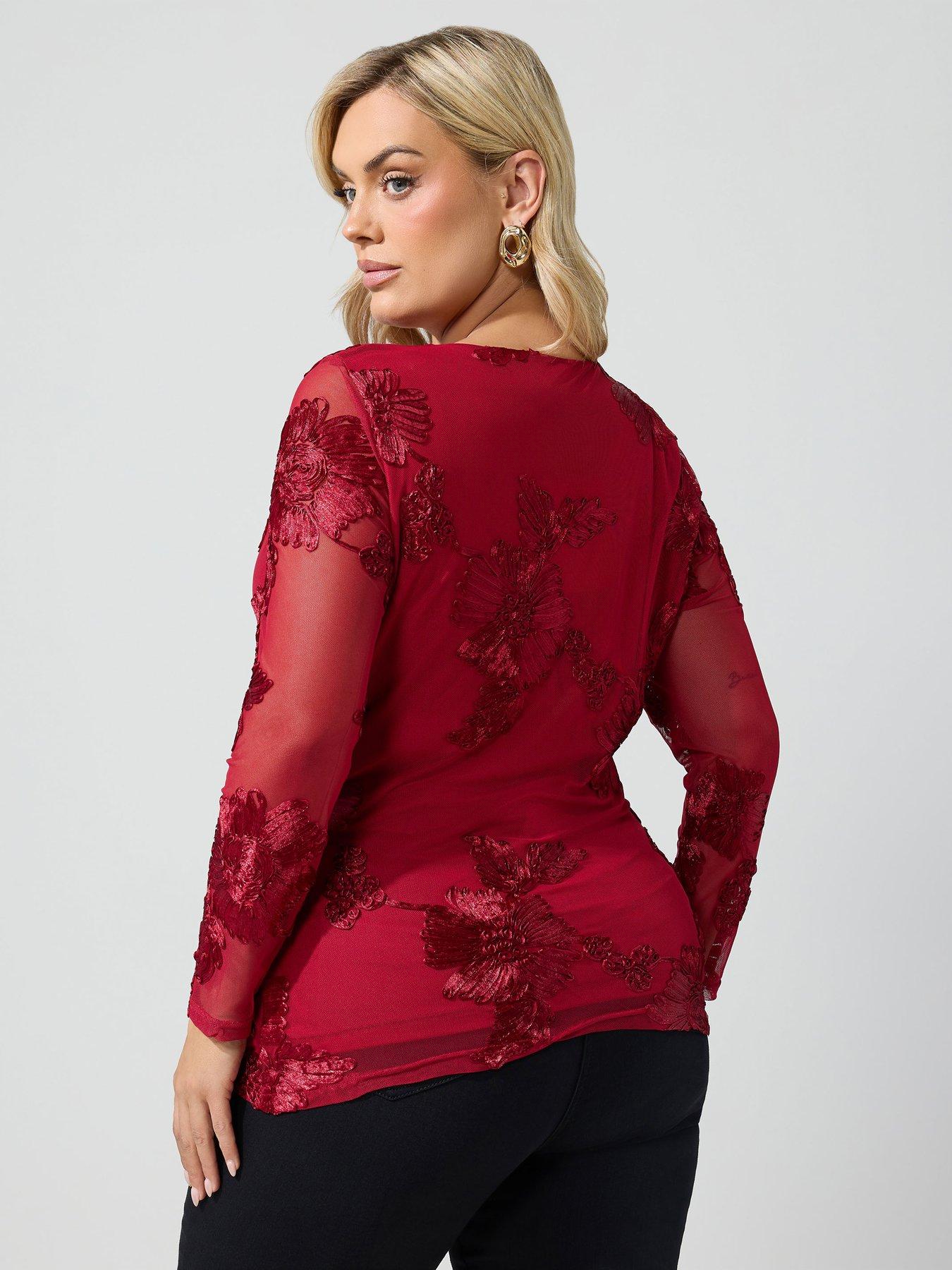 Image 2 of 4 of Yours Womens Curve Floral Mesh Long Sleeve Top - Red