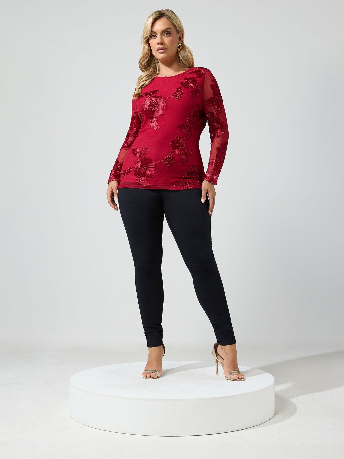 Image 3 of 4 of Yours Womens Curve Floral Mesh Long Sleeve Top - Red