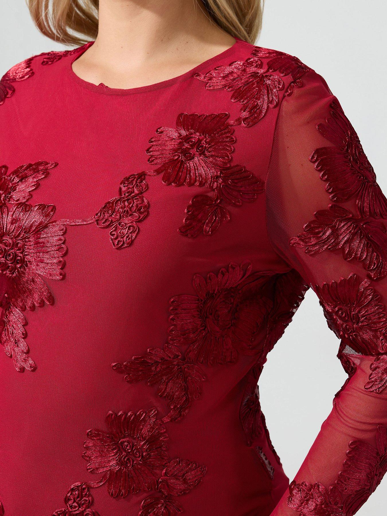 Image 4 of 4 of Yours Womens Curve Floral Mesh Long Sleeve Top - Red