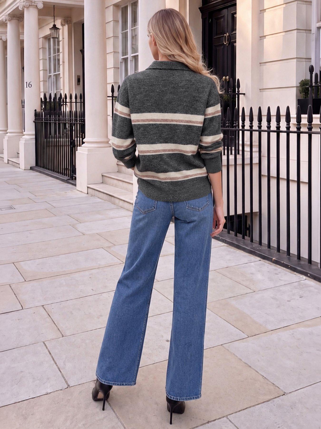 Image 2 of 5 of AX Paris Grey Stripe Collared Knitted Jumper