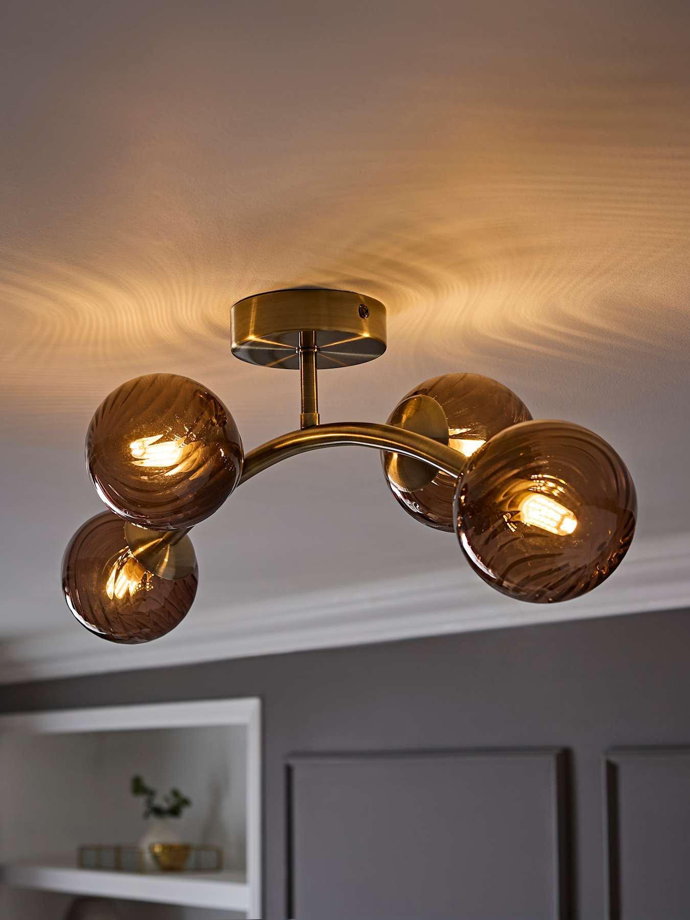 Image 1 of 7 of ValueLights Sydney Brushed Brass With Brown Swirl Glass Multi Arm Ceiling Light With Bulbs