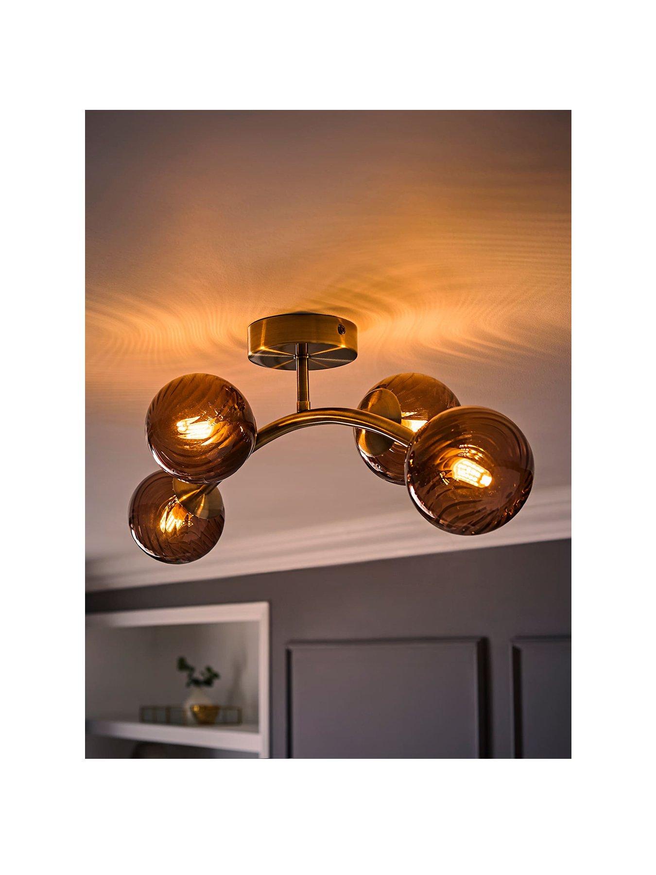 Image 2 of 7 of ValueLights Sydney Brushed Brass With Brown Swirl Glass Multi Arm Ceiling Light With Bulbs