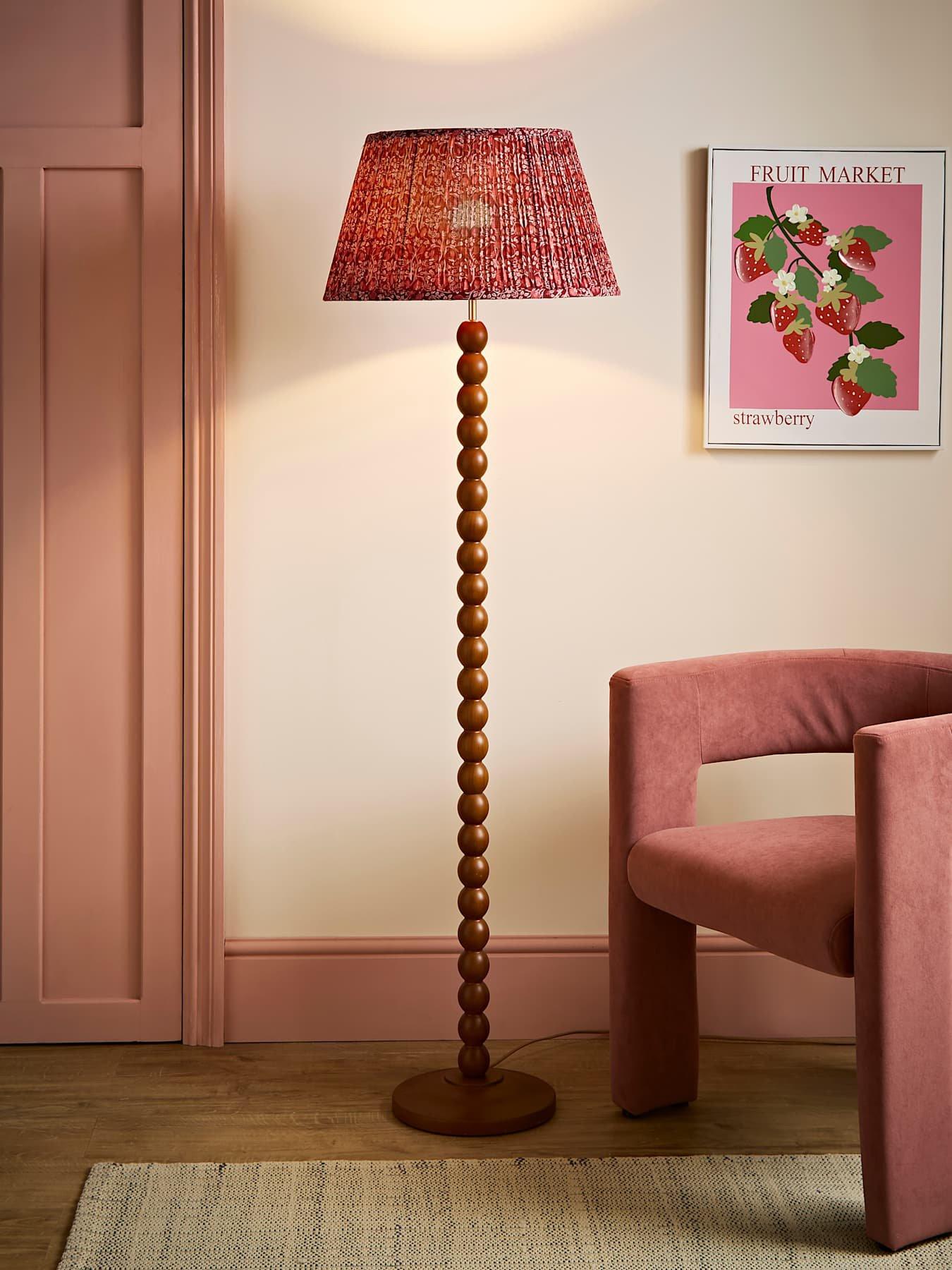 Image 1 of 6 of ValueLights Bobbles Walnut Floor Lamp With Burgandy Floral Pleated Shade With Bulb