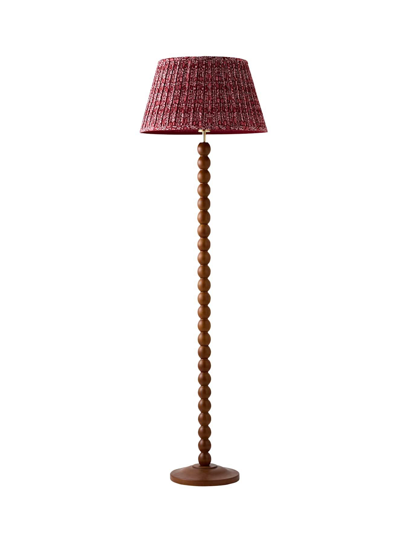 Image 6 of 6 of ValueLights Bobbles Walnut Floor Lamp With Burgandy Floral Pleated Shade With Bulb