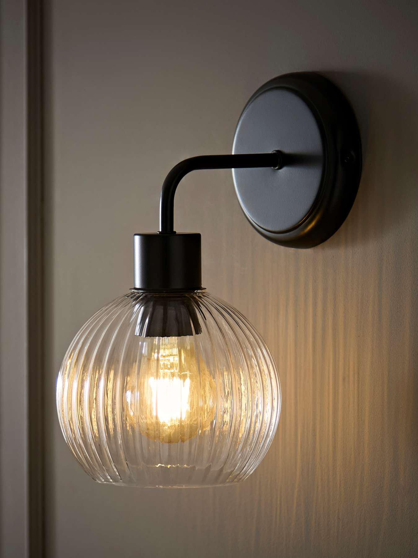 Image 1 of 6 of ValueLights Maddison Matte Black Ribbed Glass Semi Flush Wall Light With Bulb