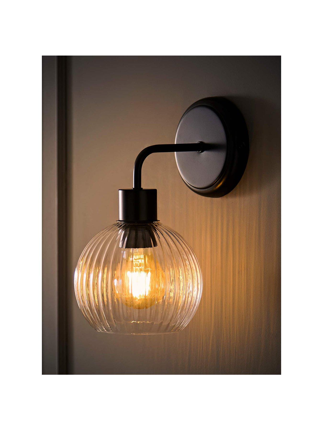 Image 2 of 6 of ValueLights Maddison Matte Black Ribbed Glass Semi Flush Wall Light With Bulb