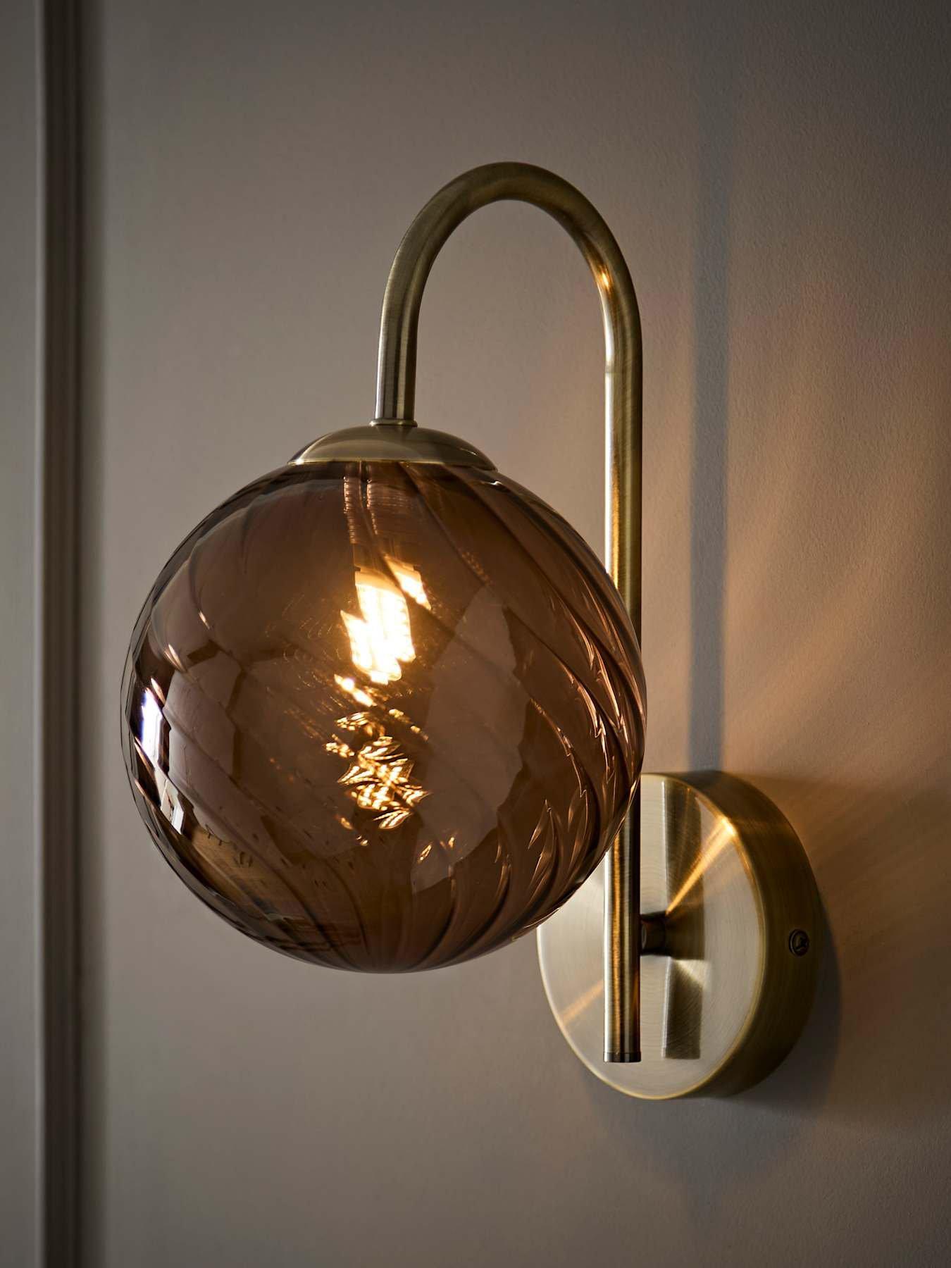Image 1 of 7 of ValueLights Sydney Brushed Brass With Brown Swirl Glass Wall Light With Bulb