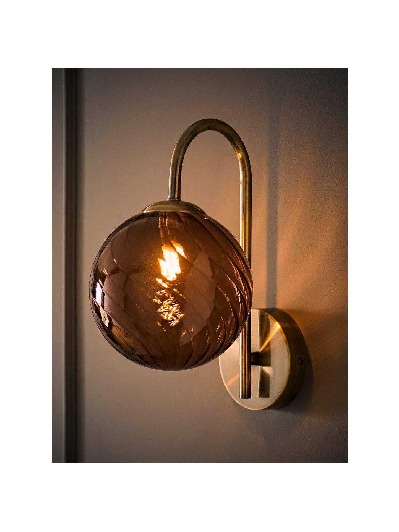 Image 2 of 7 of ValueLights Sydney Brushed Brass With Brown Swirl Glass Wall Light With Bulb