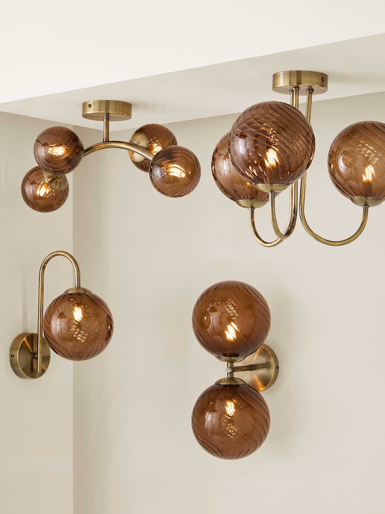 Image 6 of 7 of ValueLights Sydney Brushed Brass With Brown Swirl Glass Wall Light With Bulb