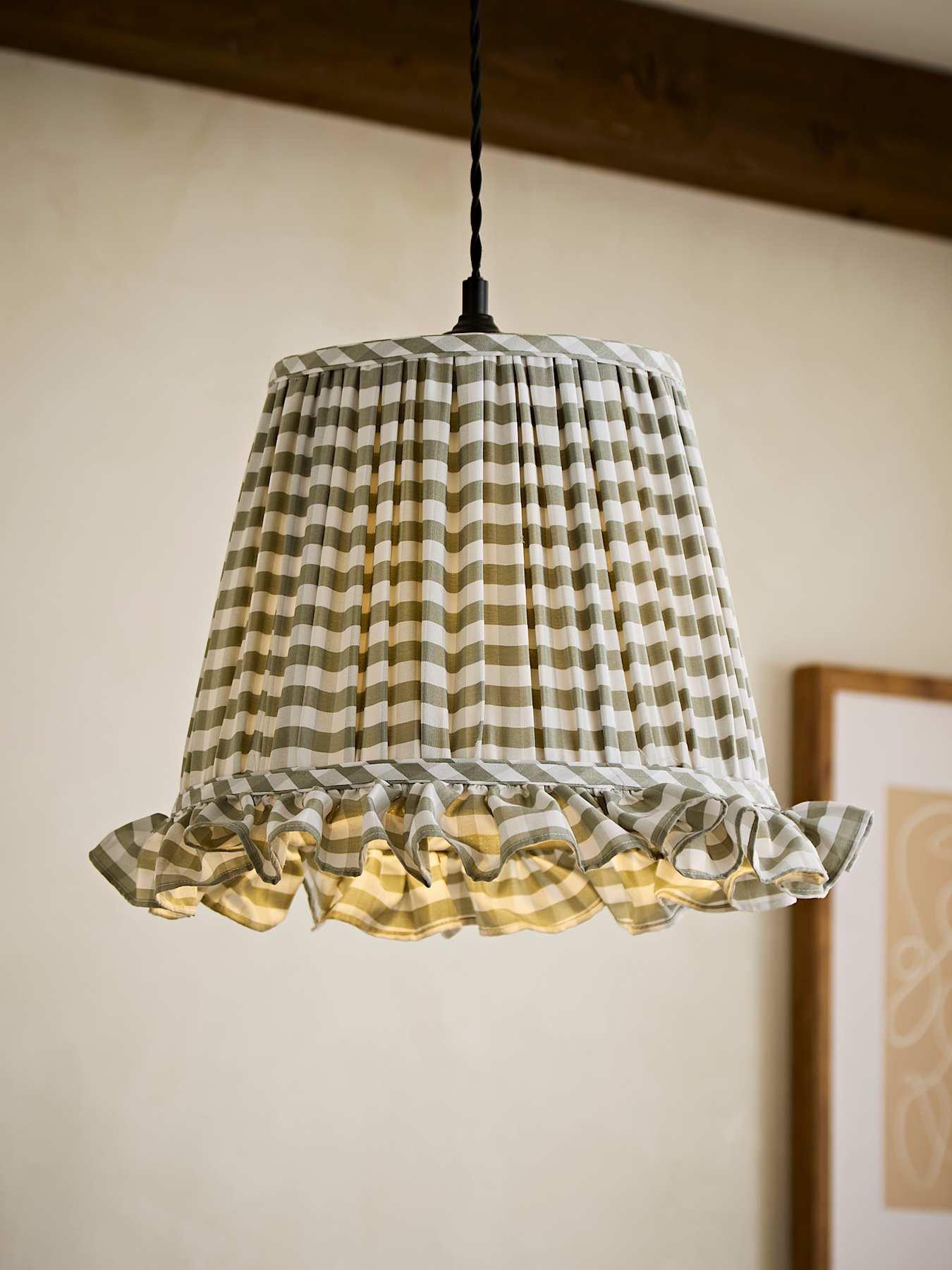 Image 1 of 6 of ValueLights Faye Green Check Taper Shade With Ruffle Trim