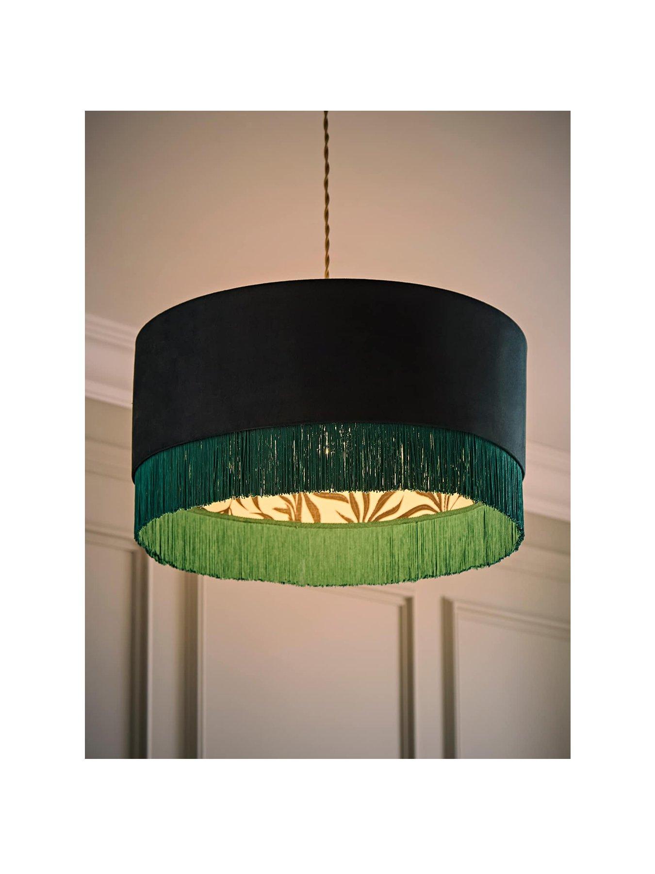 Image 2 of 7 of ValueLights Kimberly Forest Green Velvet Printed Inner Drum Shade With Fringe Trim
