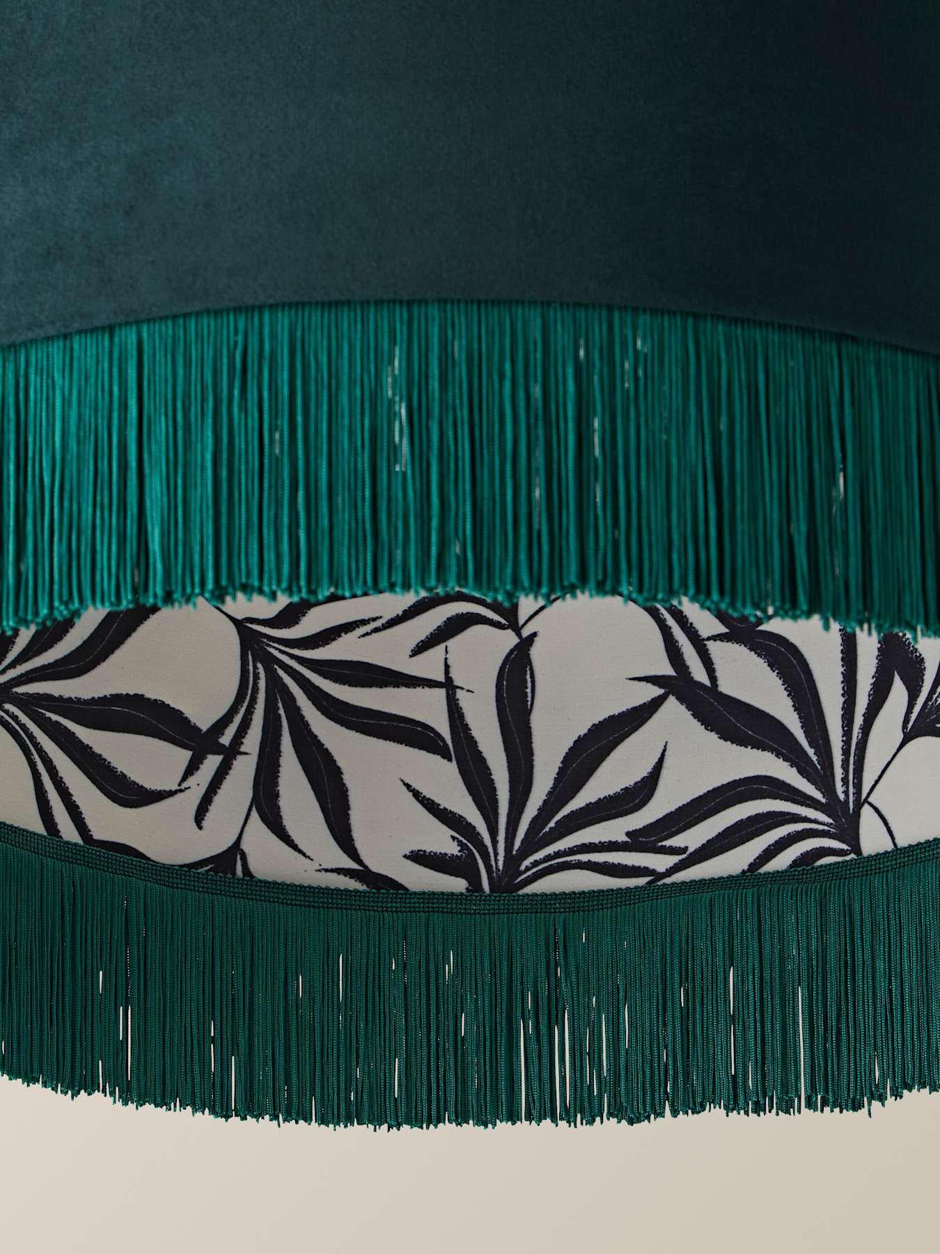 Image 5 of 7 of ValueLights Kimberly Forest Green Velvet Printed Inner Drum Shade With Fringe Trim