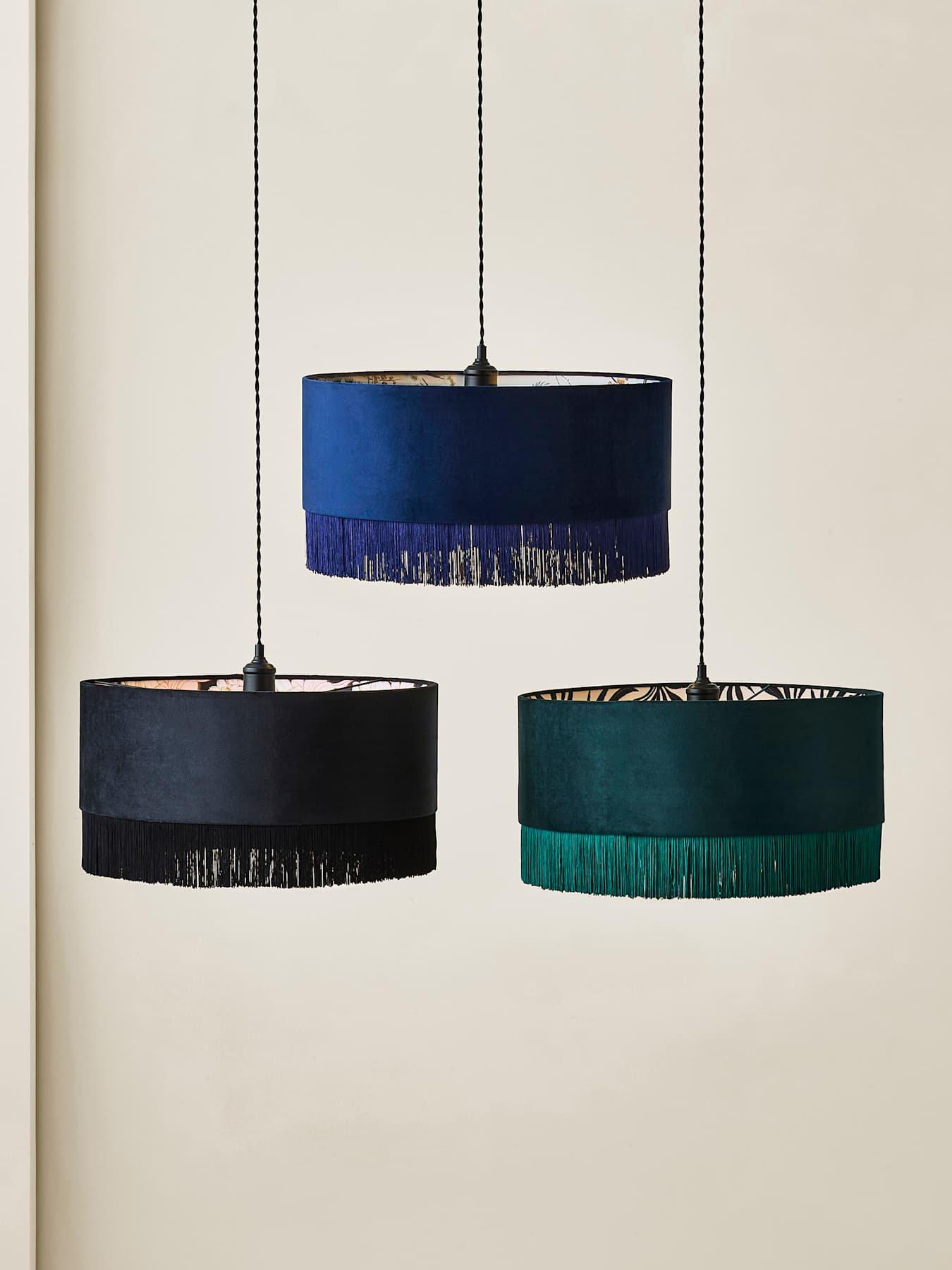 Image 6 of 7 of ValueLights Kimberly Forest Green Velvet Printed Inner Drum Shade With Fringe Trim