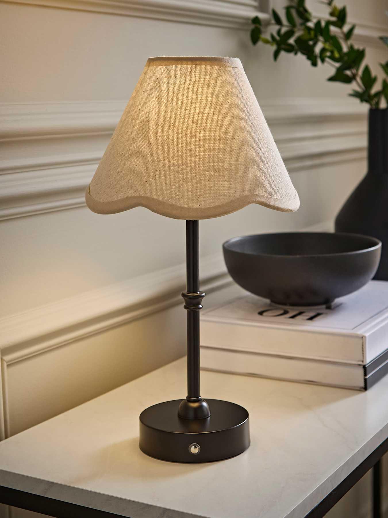Image 1 of 6 of ValueLights Lowe Matte Black Rechargeable Table Lamp With Florie Natural Shade