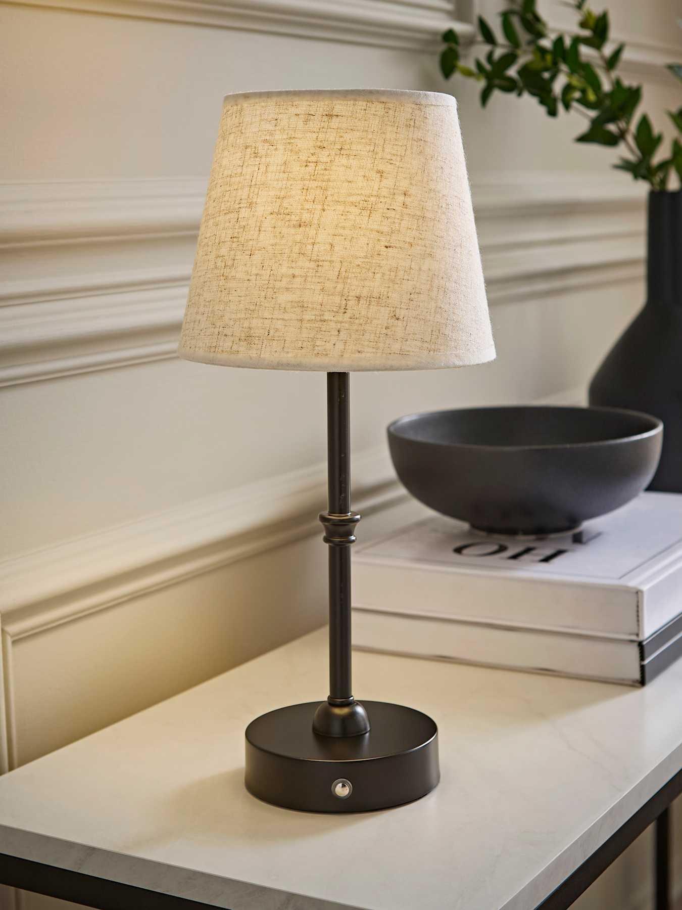 Image 1 of 6 of ValueLights Lowe Matte Black Rechargeable Table Lamp With Linen Taper Shade