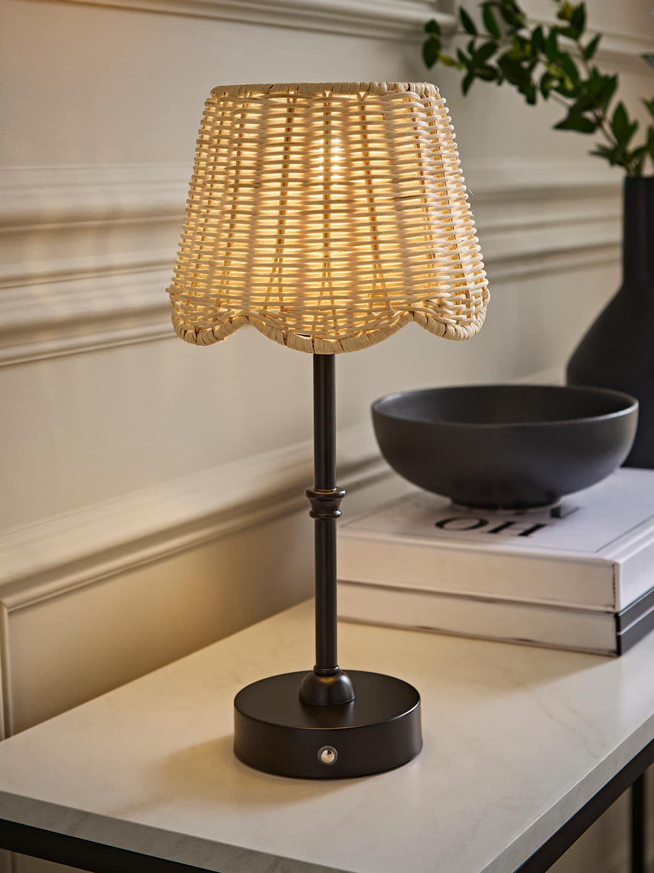 Image 1 of 6 of ValueLights Lowe Matte Black Rechargeable Table Lamp With Rattan Taper Shade